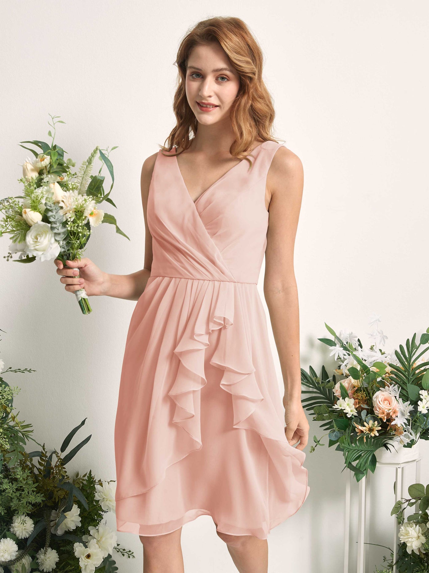 Bridesmaid Dress A-line Chiffon Straps Knee Length Sleeveless Wedding Party Dress - Pearl Pink (81226608)#color_pearl-pink