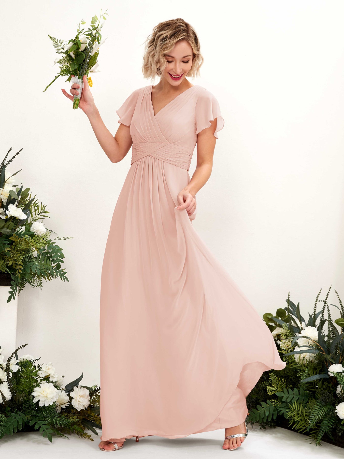 Pearl Pink Bridesmaid Dresses Bridesmaid Dress A-line Chiffon V-neck Full Length Short Sleeves Wedding Party Dress (81224308)#color_pearl-pink