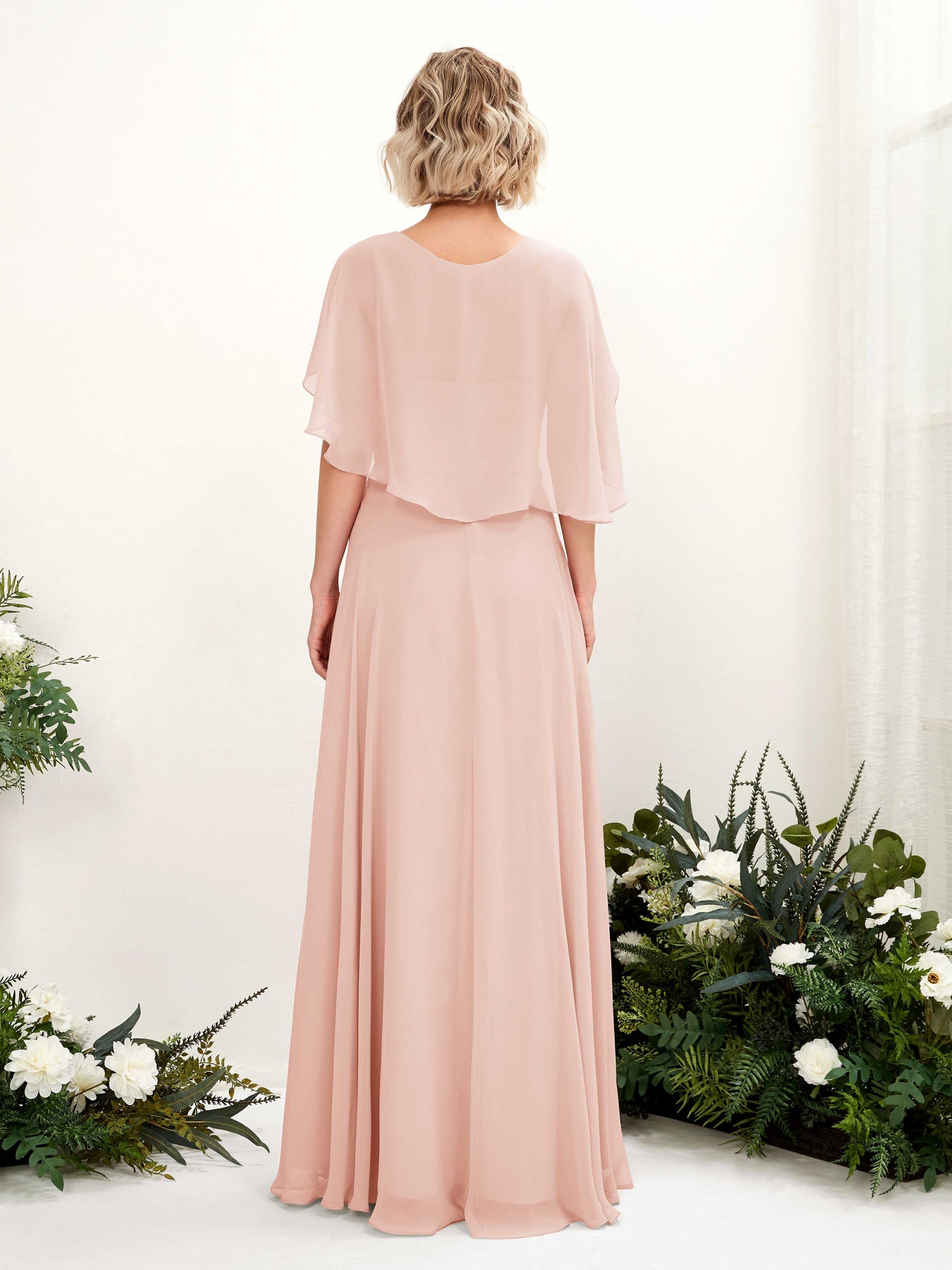 Pearl Pink Bridesmaid Dresses Bridesmaid Dress A-line Chiffon V-neck Full Length Short Sleeves Wedding Party Dress (81224408)#color_pearl-pink