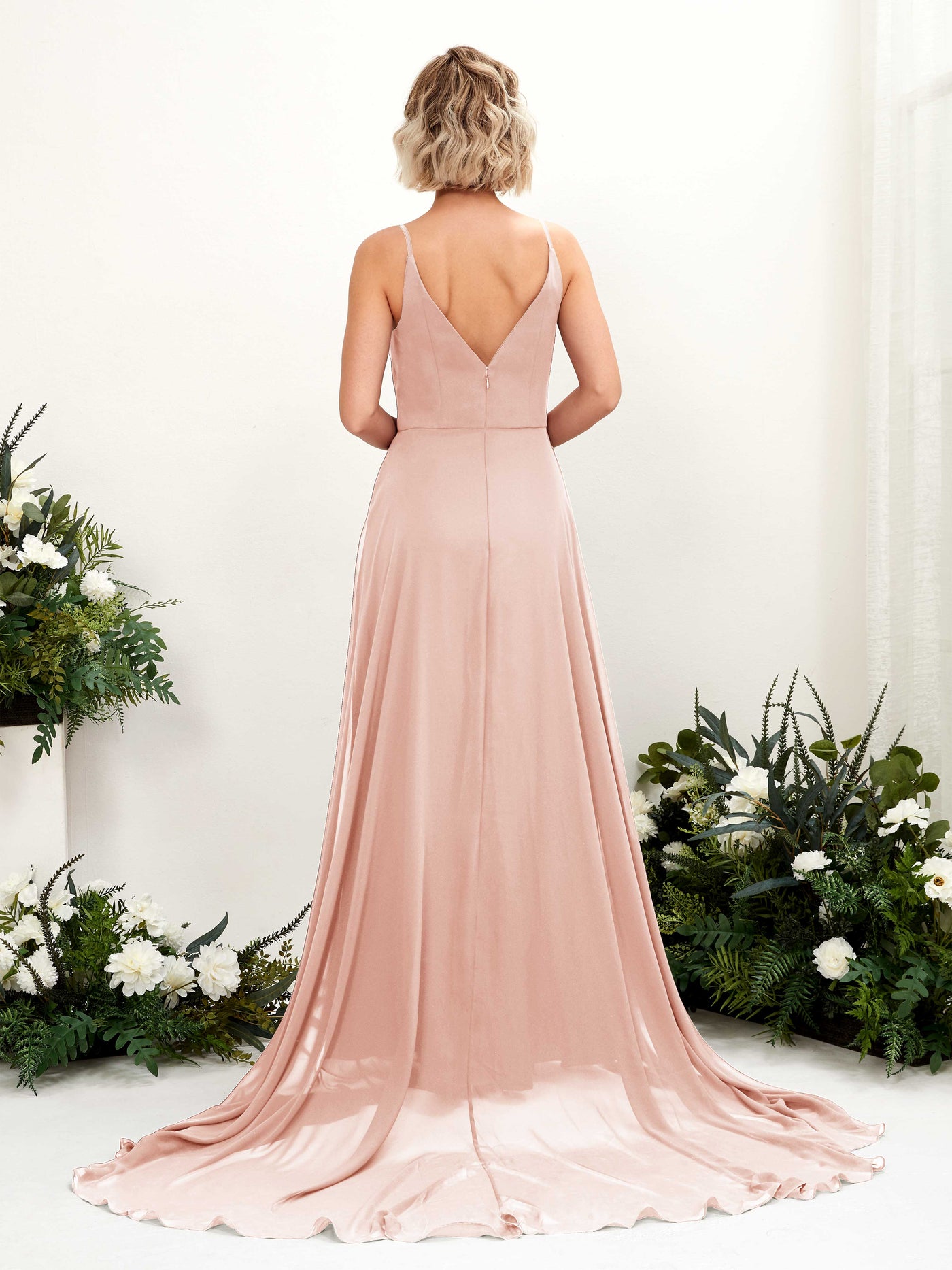 Pearl Pink Bridesmaid Dresses Bridesmaid Dress A-line Chiffon V-neck Full Length Sleeveless Wedding Party Dress (81224108)#color_pearl-pink