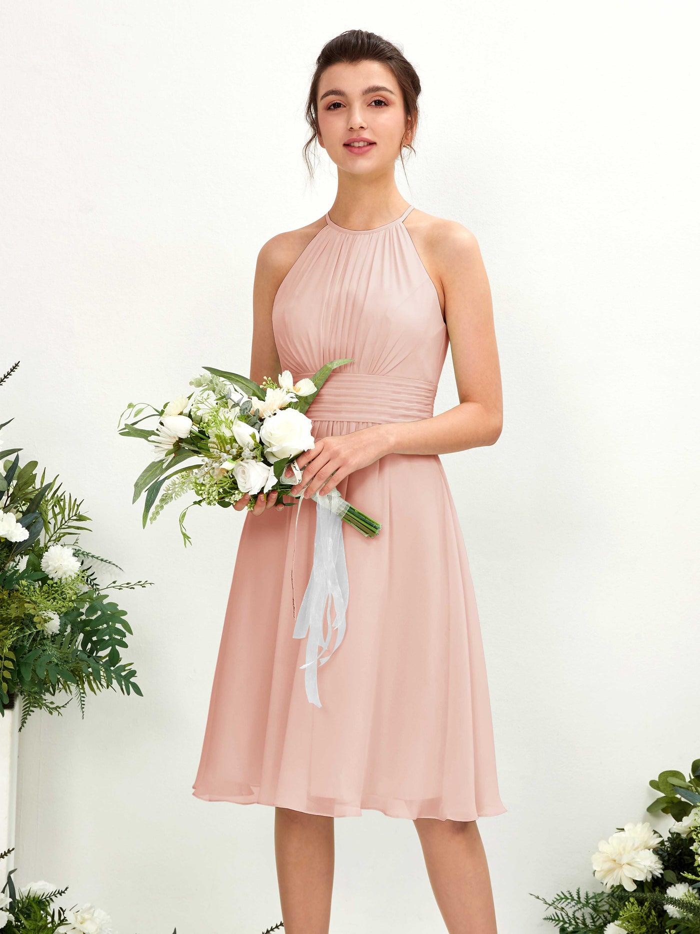 Pearl Pink Bridesmaid Dresses Bridesmaid Dress A-line Chiffon Halter Knee Length Sleeveless Wedding Party Dress (81220108)#color_pearl-pink