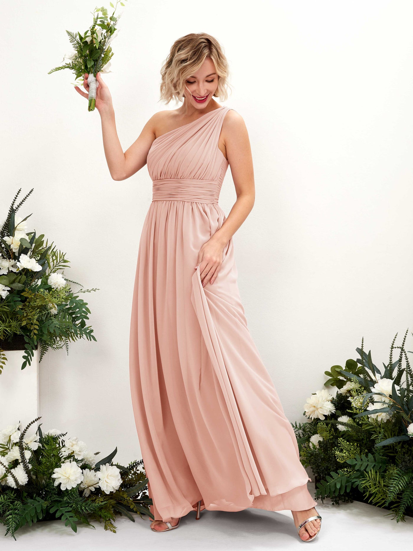 Pearl Pink Bridesmaid Dresses Bridesmaid Dress Ball Gown Chiffon One Shoulder Full Length Sleeveless Wedding Party Dress (81225008)#color_pearl-pink