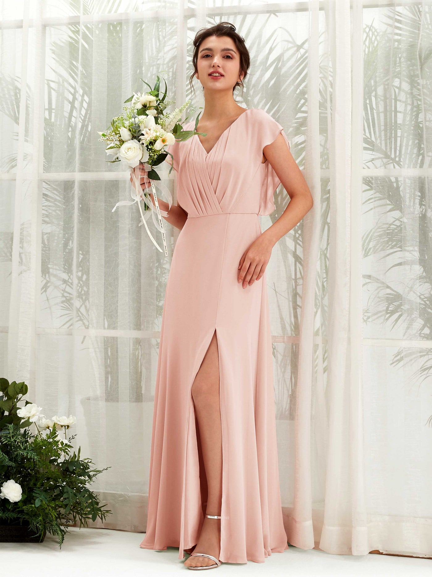 Pearl Pink Bridesmaid Dresses Bridesmaid Dress A-line Chiffon V-neck Full Length Short Sleeves Wedding Party Dress (81225608)#color_pearl-pink