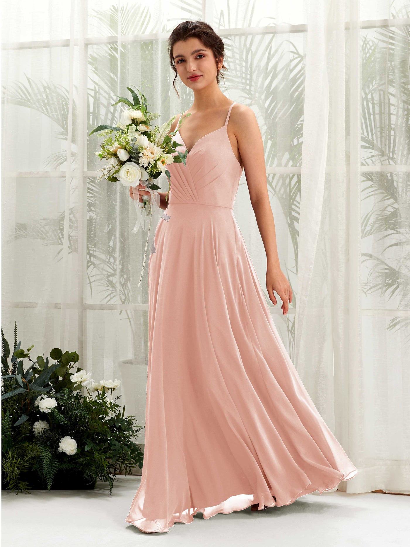 Open back Spaghetti-straps V-neck Sleeveless Bridesmaid Dress - Pearl Pink (81224208)#color_pearl-pink