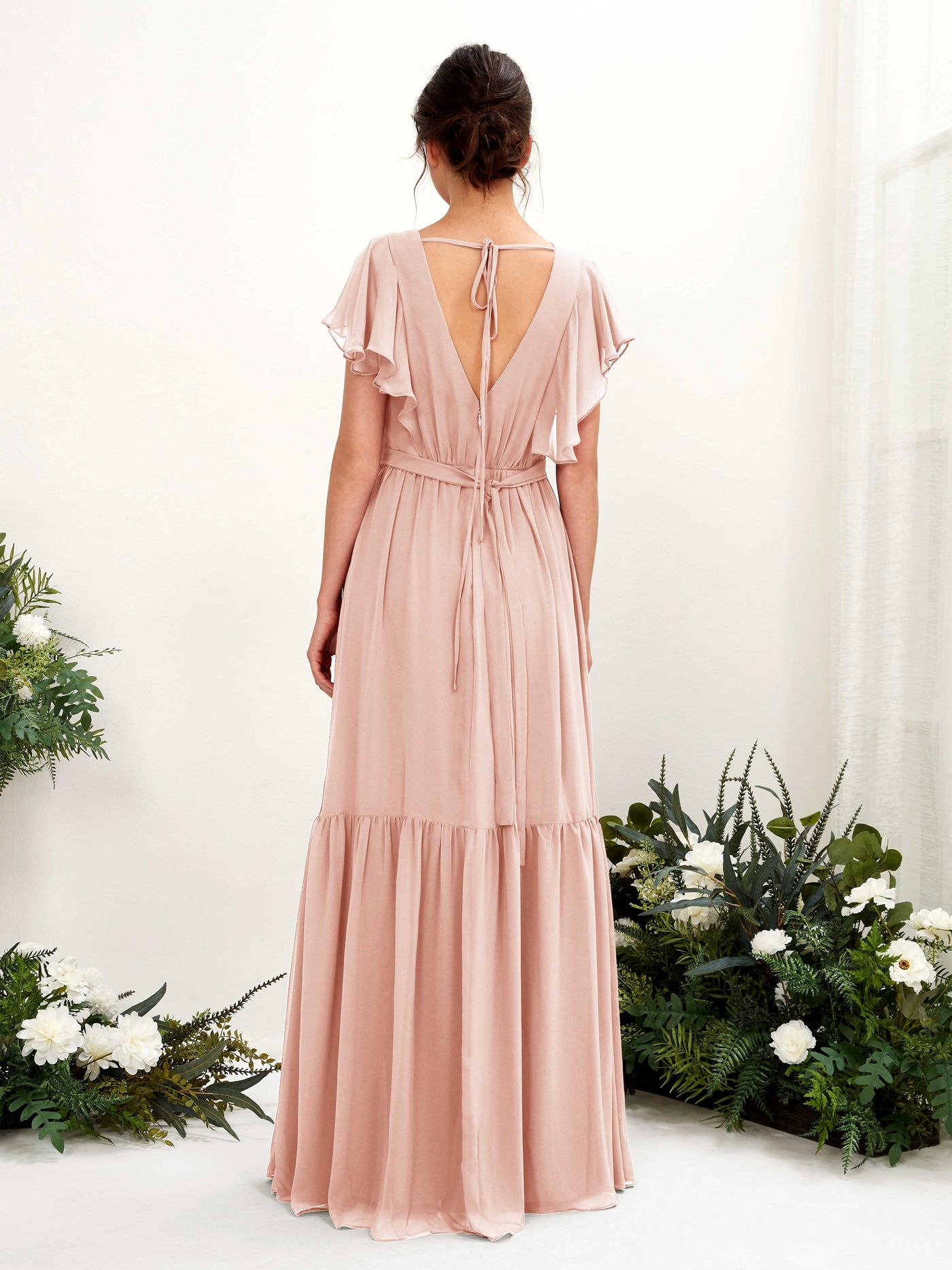 Pearl Pink Bridesmaid Dresses Bridesmaid Dress A-line Chiffon V-neck Full Length Short Sleeves Wedding Party Dress (81225908)#color_pearl-pink