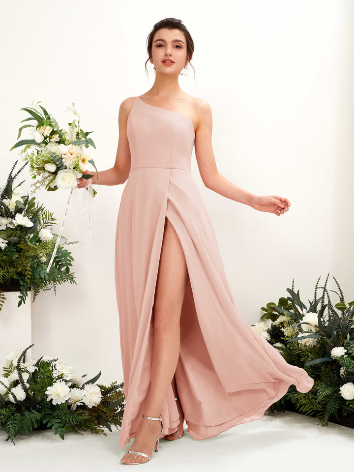 Pearl Pink Bridesmaid Dresses Bridesmaid Dress A-line Chiffon One Shoulder Full Length Sleeveless Wedding Party Dress (81225708)