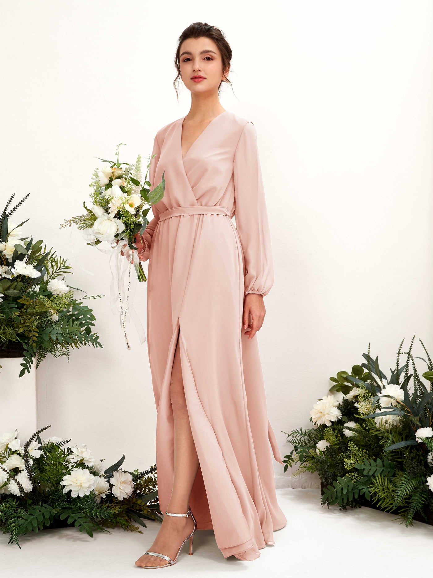 Pearl Pink Bridesmaid Dresses Bridesmaid Dress A-line Chiffon V-neck Full Length Long Sleeves Wedding Party Dress (81223208)#color_pearl-pink