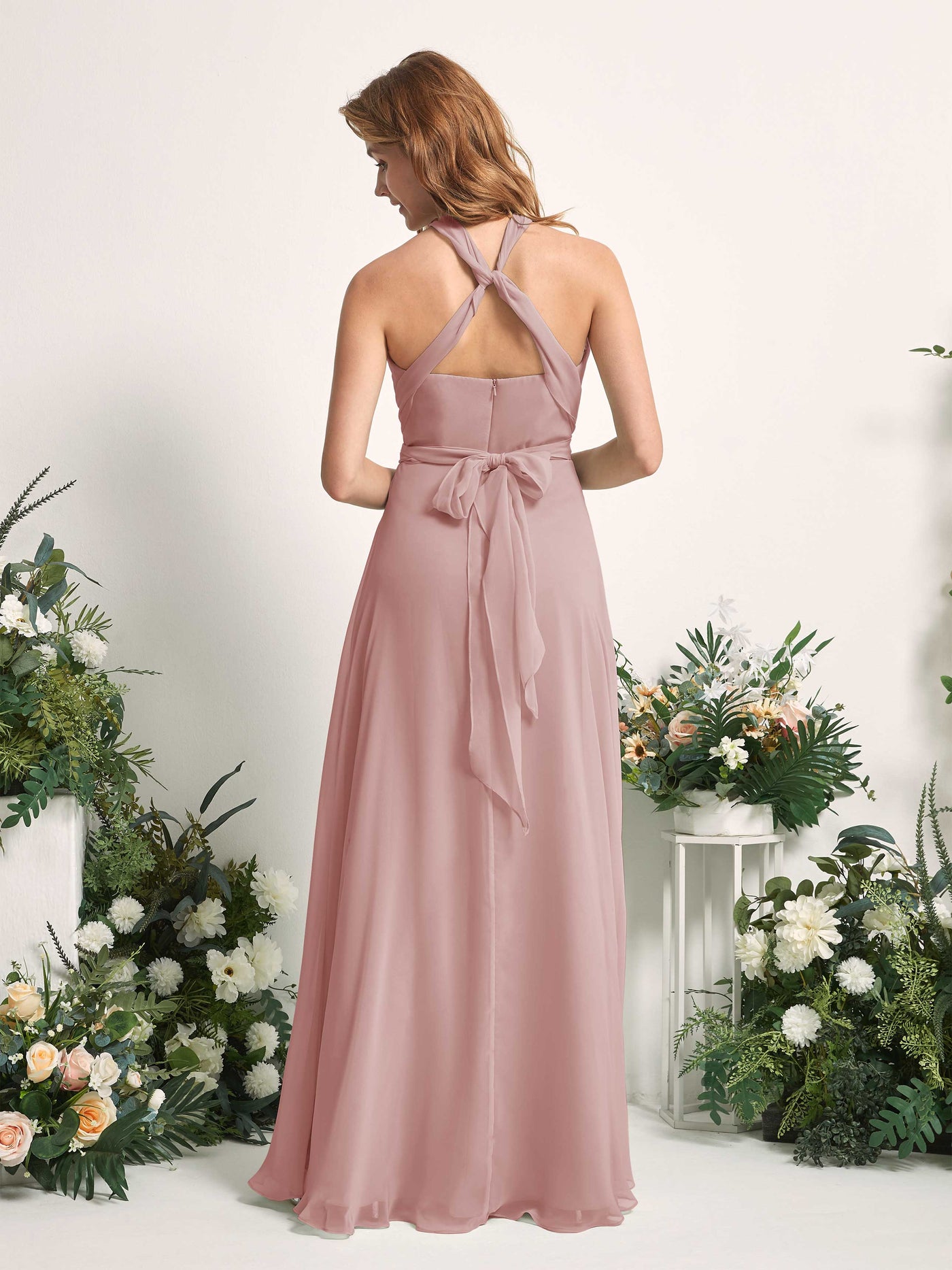 Dusty Rose Bridesmaid Dresses Bridesmaid Dress A-line Chiffon Halter Full Length Short Sleeves Wedding Party Dress (81226309)#color_dusty-rose