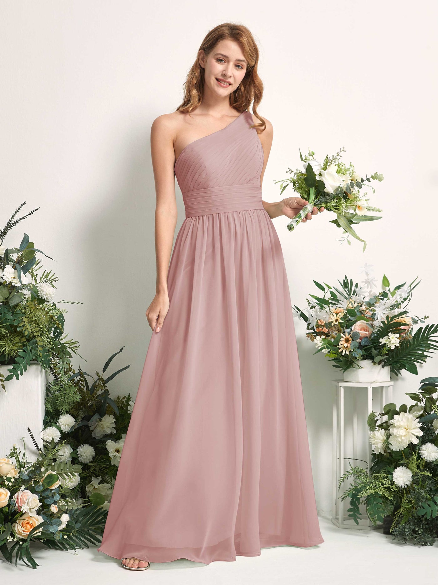 Bridesmaid Dress A-line Chiffon One Shoulder Full Length Sleeveless Wedding Party Dress - Dusty Rose (81226709)#color_dusty-rose