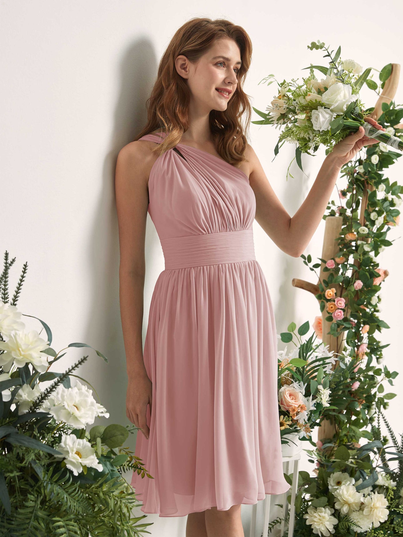 Bridesmaid Dress A-line Chiffon One Shoulder Knee Length Sleeveless Wedding Party Dress - Dusty Rose (81221209)#color_dusty-rose