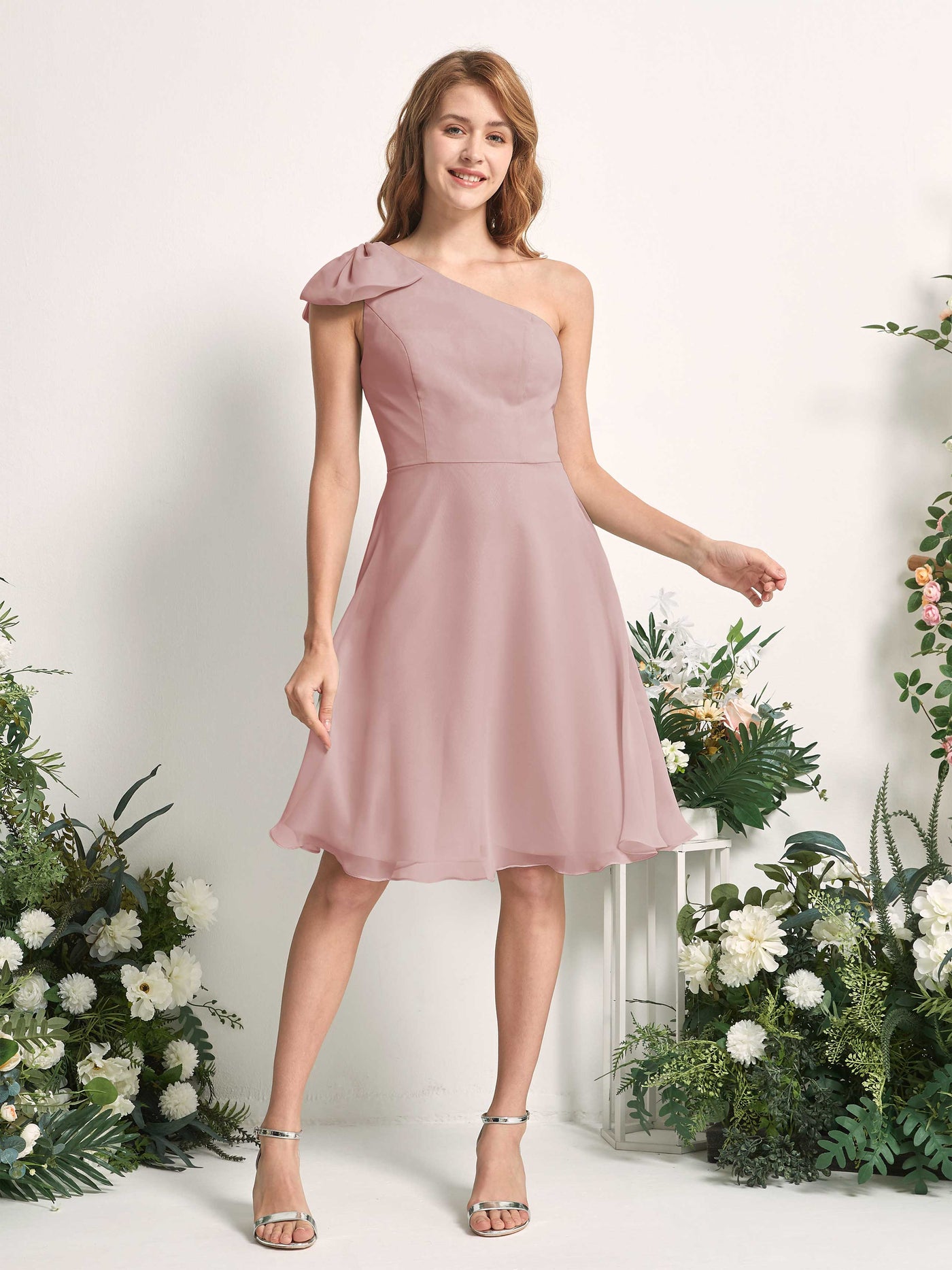 Bridesmaid Dress A-line Chiffon One Shoulder Knee Length Sleeveless Wedding Party Dress - Dusty Rose (81227009)#color_dusty-rose