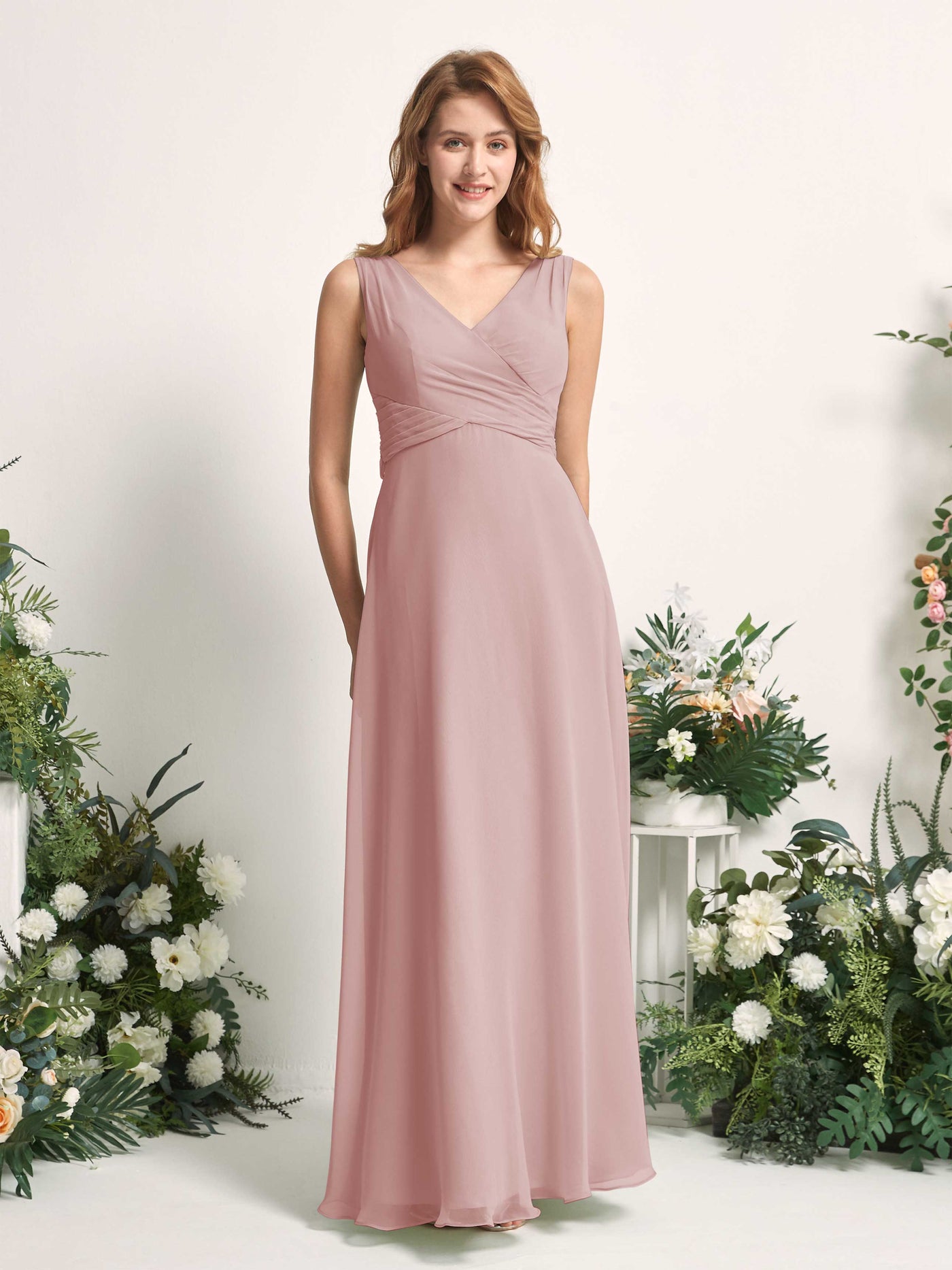 Bridesmaid Dress A-line Chiffon Straps Full Length Sleeveless Wedding Party Dress - Dusty Rose (81227309)#color_dusty-rose