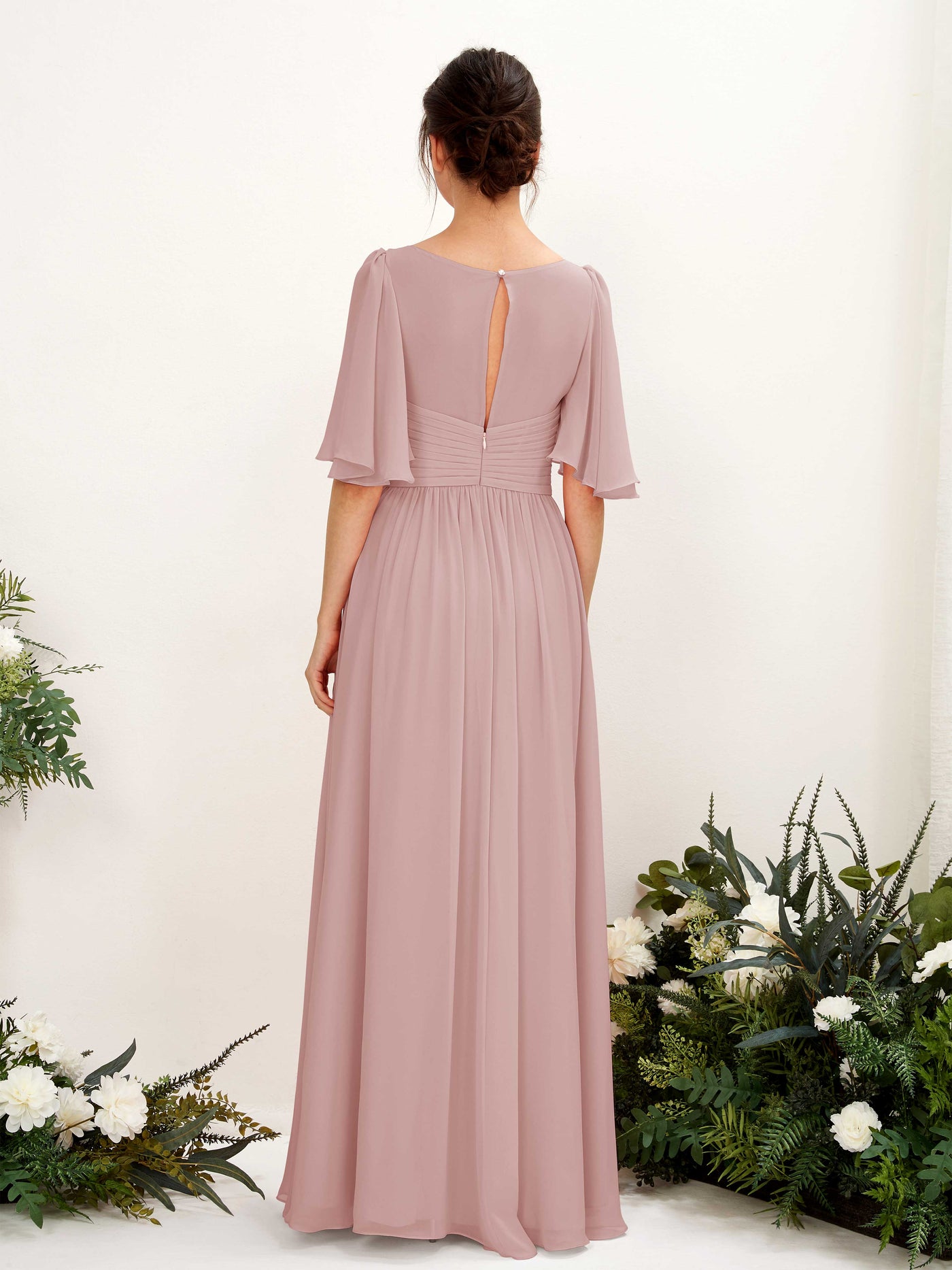 Dusty Rose Bridesmaid Dresses Bridesmaid Dress A-line Chiffon V-neck Full Length 1/2 Sleeves Wedding Party Dress (81221609)#color_dusty-rose