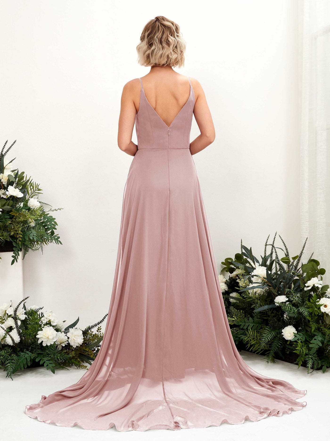 Dusty Rose Bridesmaid Dresses Bridesmaid Dress A-line Chiffon V-neck Full Length Sleeveless Wedding Party Dress (81224109)#color_dusty-rose