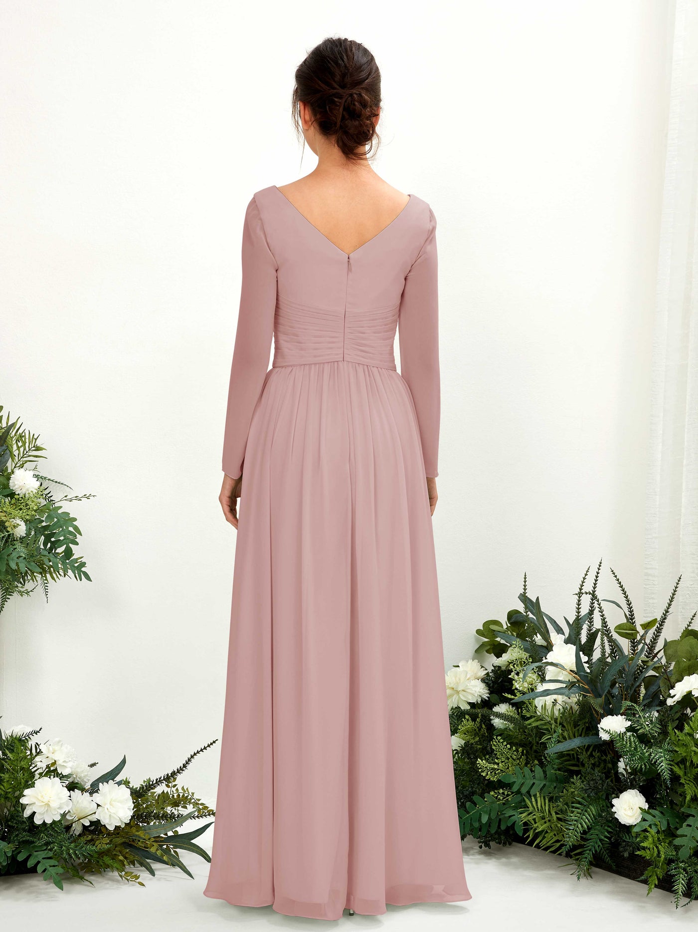 Dusty Rose Bridesmaid Dresses Bridesmaid Dress A-line Chiffon V-neck Full Length Long Sleeves Wedding Party Dress (81220309)#color_dusty-rose