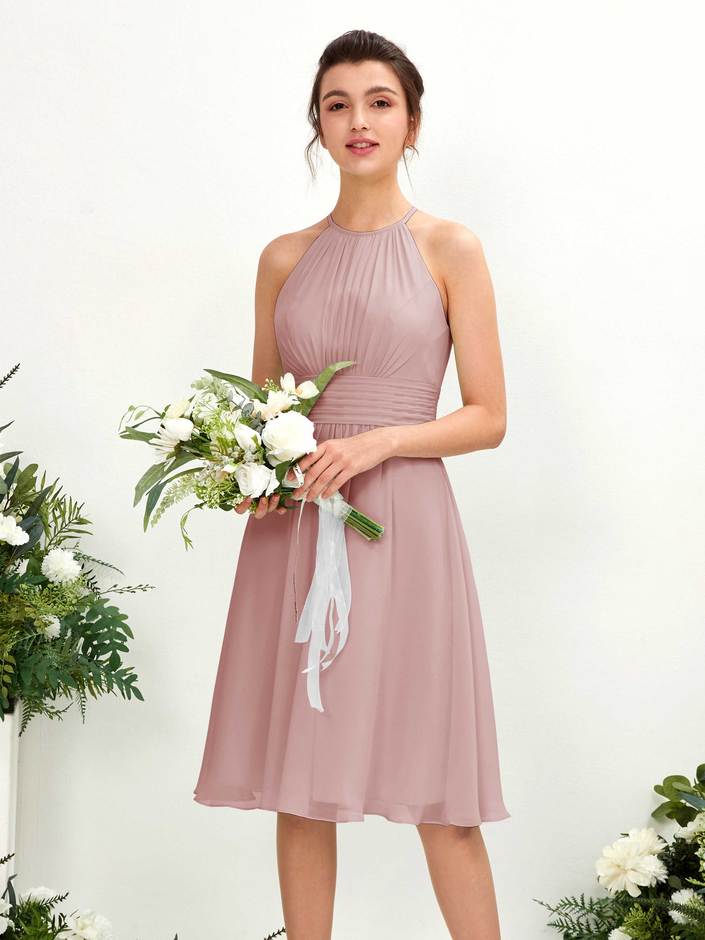 Dusty Rose Bridesmaid Dresses Bridesmaid Dress A-line Chiffon Halter Knee Length Sleeveless Wedding Party Dress (81220109)#color_dusty-rose