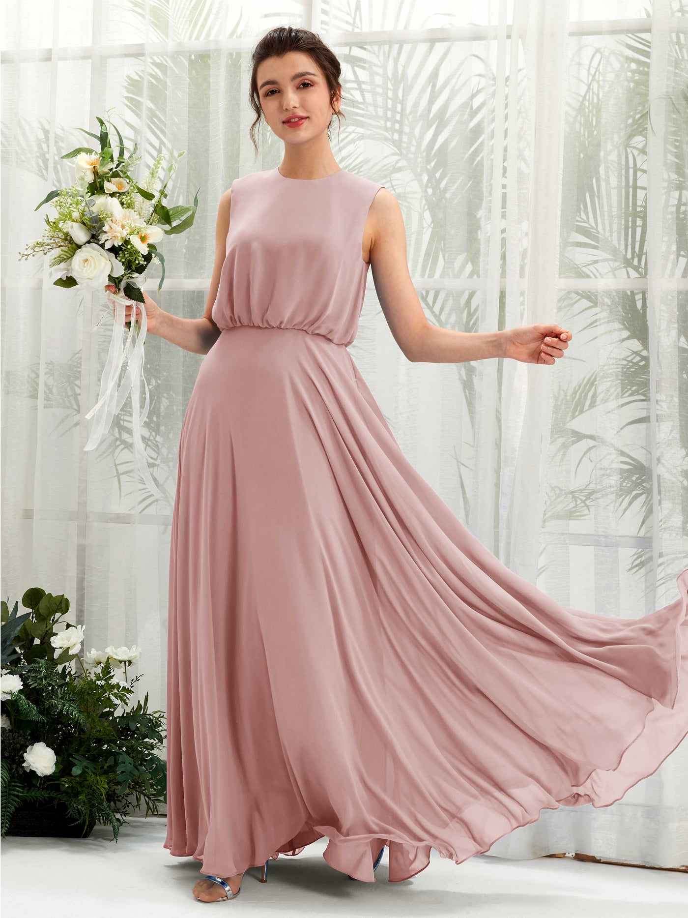 Dusty Rose Bridesmaid Dresses Bridesmaid Dress A-line Chiffon Round Full Length Sleeveless Wedding Party Dress (81222809)#color_dusty-rose