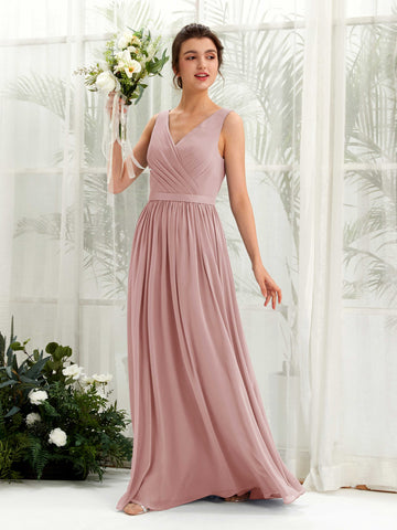 Dusty Rose Bridesmaid Dresses Bridesmaid Dress A-line Chiffon V-neck Full Length Sleeveless Wedding Party Dress (81223609)#color_dusty-rose