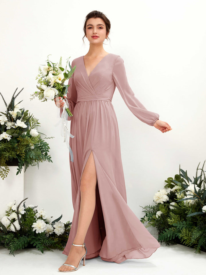 Dusty Rose Bridesmaid Dresses Bridesmaid Dress A-line Chiffon V-neck Full Length Long Sleeves Wedding Party Dress (81223809)