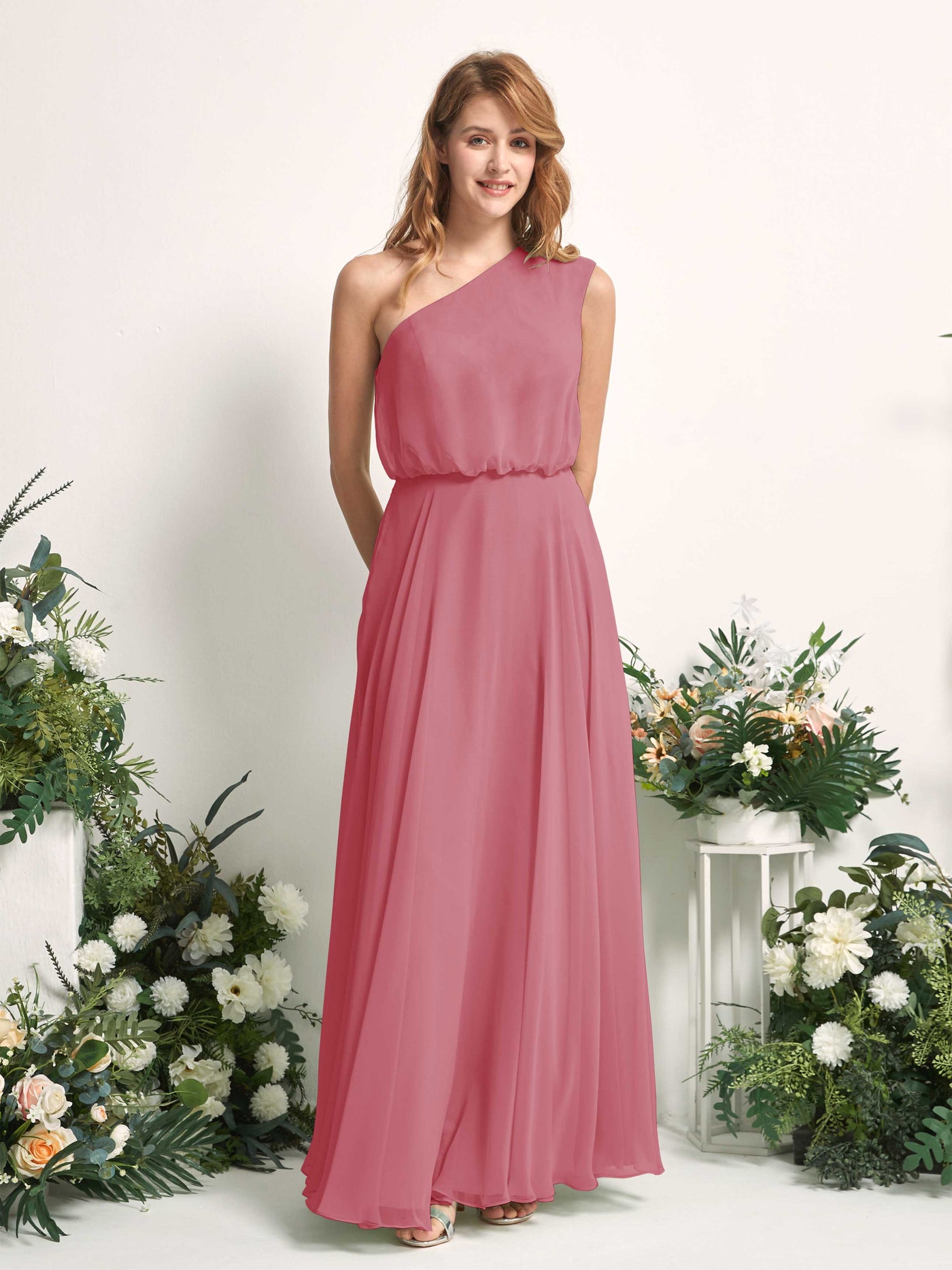 Bridesmaid Dress A-line Chiffon One Shoulder Full Length Sleeveless Wedding Party Dress - Desert Rose (81226811)#color_desert-rose