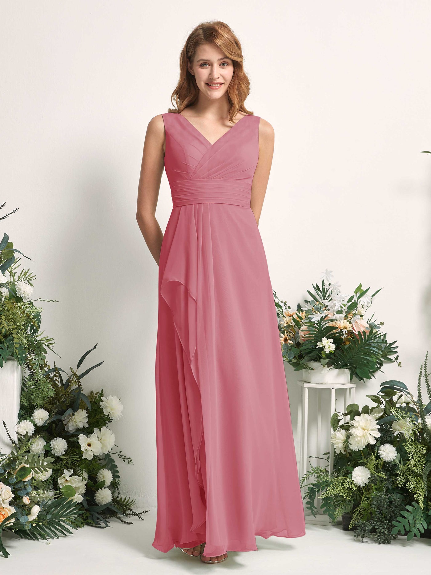Bridesmaid Dress A-line Chiffon V-neck Full Length Sleeveless Wedding Party Dress - Desert Rose (81227111)#color_desert-rose