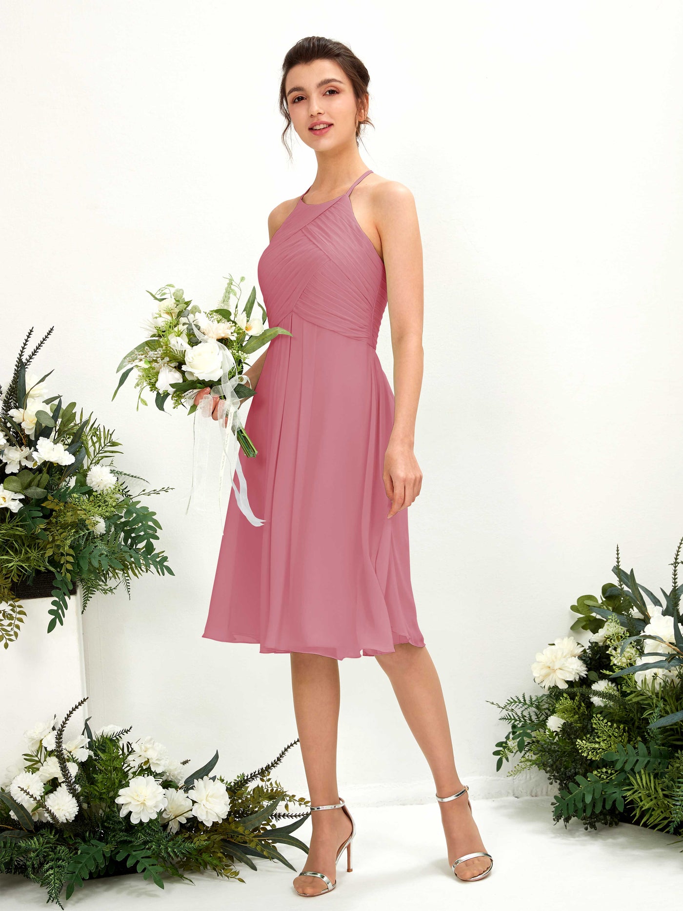 Desert Rose Bridesmaid Dresses Bridesmaid Dress A-line Chiffon Halter Knee Length Sleeveless Wedding Party Dress (81220411)#color_desert-rose