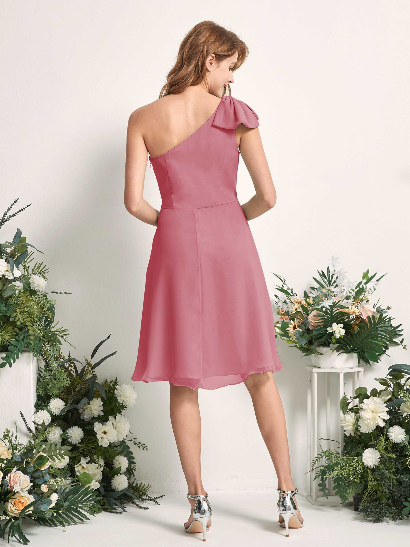 Bridesmaid Dress A-line Chiffon One Shoulder Knee Length Sleeveless Wedding Party Dress - Desert Rose (81227011)#color_desert-rose