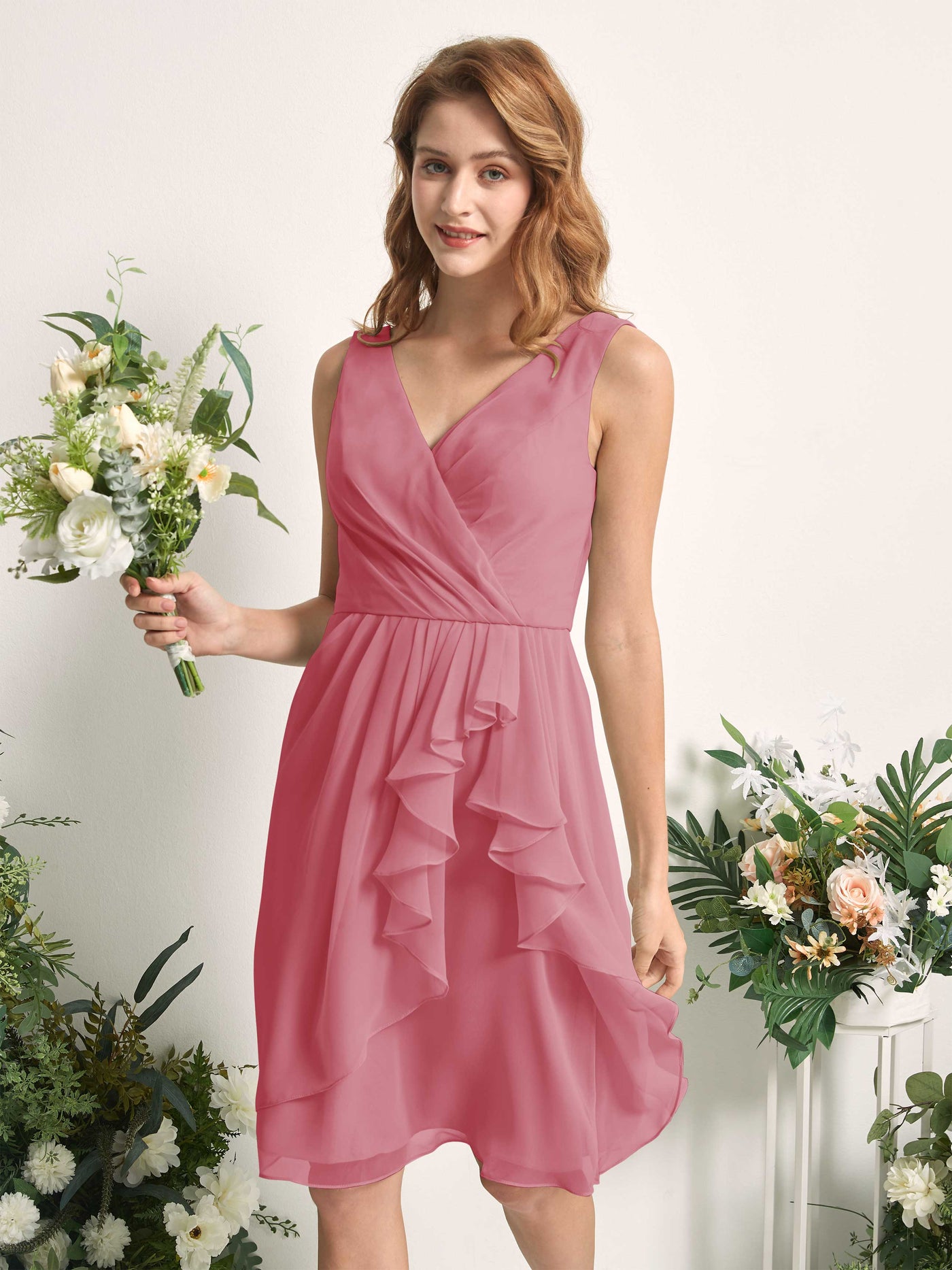 Bridesmaid Dress A-line Chiffon Straps Knee Length Sleeveless Wedding Party Dress - Desert Rose (81226611)#color_desert-rose
