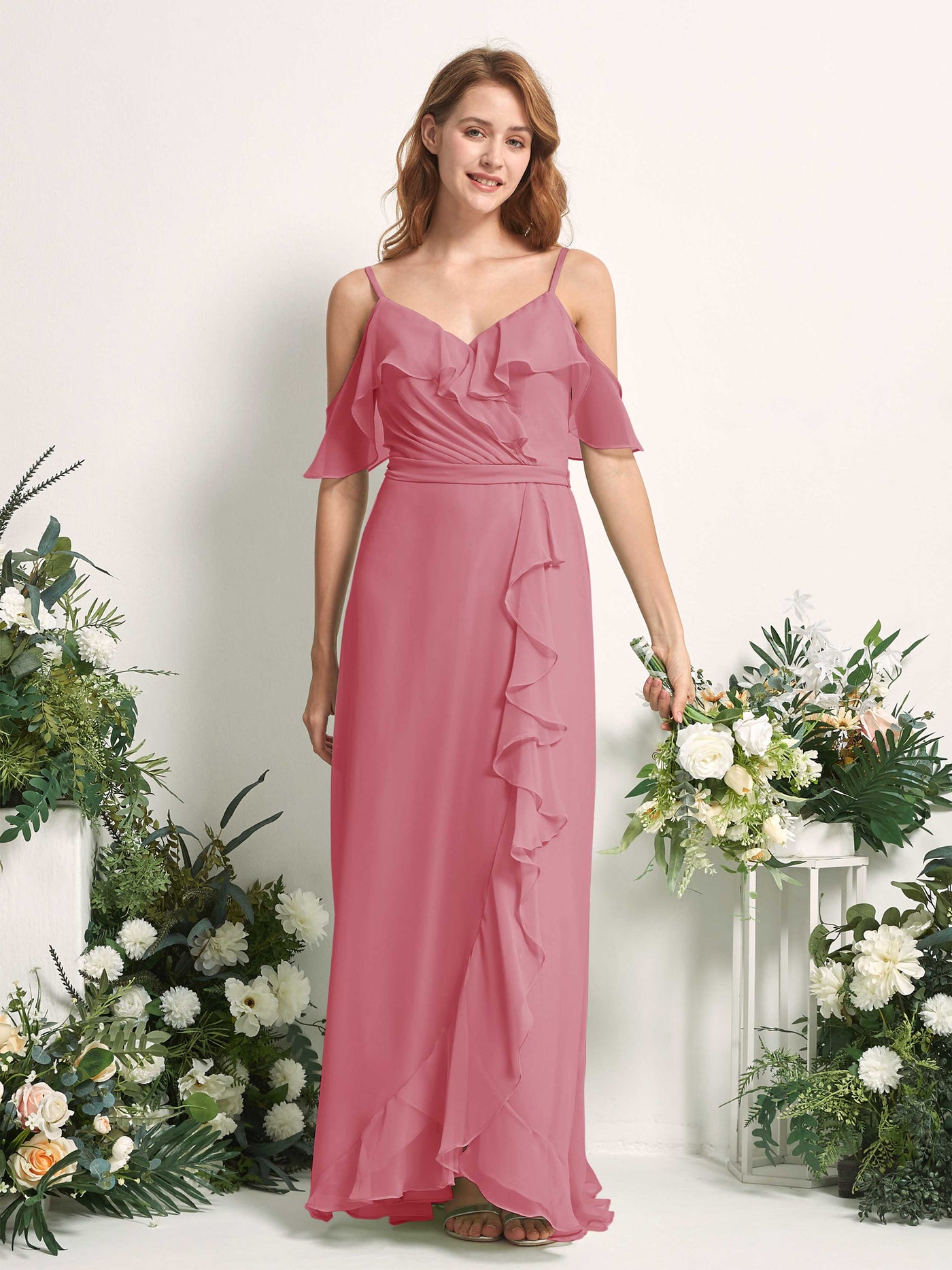 Bridesmaid Dress A-line Chiffon Spaghetti-straps Full Length Sleeveless Wedding Party Dress - Desert Rose (81227411)#color_desert-rose