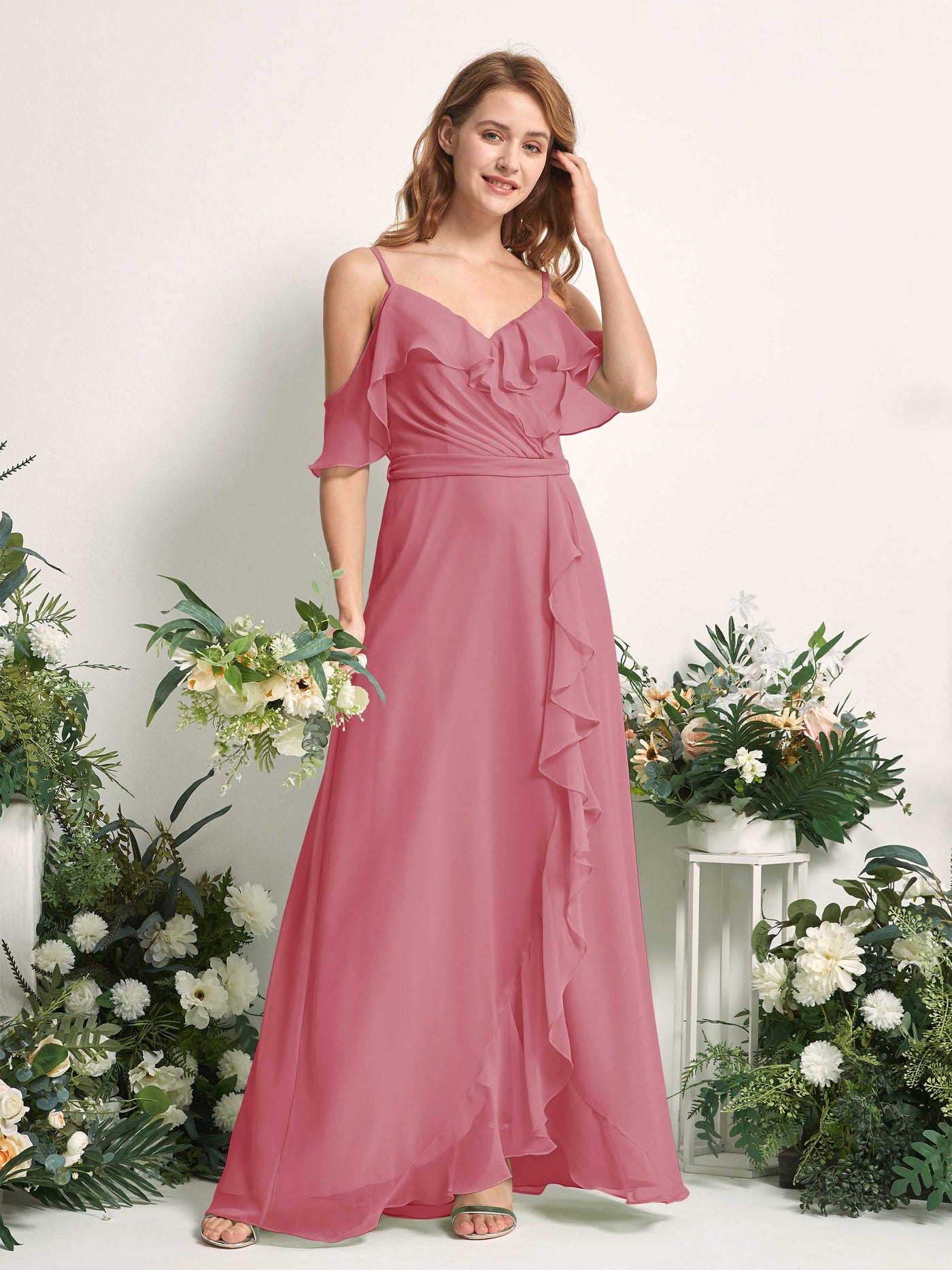 Bridesmaid Dress A-line Chiffon Spaghetti-straps Full Length Sleeveless Wedding Party Dress - Desert Rose (81227411)#color_desert-rose