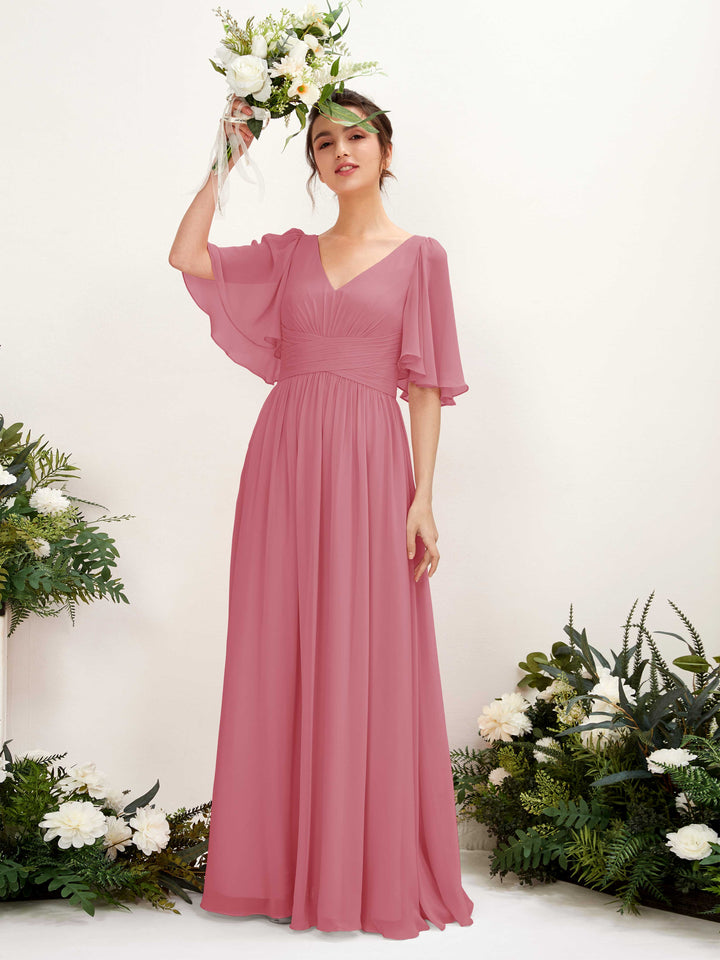 Desert Rose Bridesmaid Dresses Bridesmaid Dress A-line Chiffon V-neck Full Length 1/2 Sleeves Wedding Party Dress (81221611)
