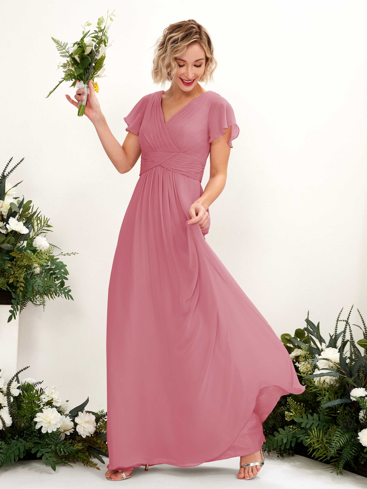 Desert Rose Bridesmaid Dresses Bridesmaid Dress A-line Chiffon V-neck Full Length Short Sleeves Wedding Party Dress (81224311)#color_desert-rose