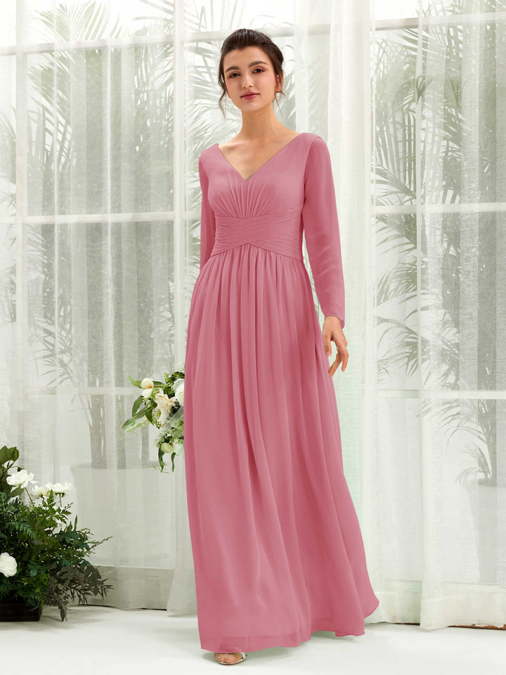 Desert Rose Bridesmaid Dresses Bridesmaid Dress A-line Chiffon V-neck Full Length Long Sleeves Wedding Party Dress (81220311)