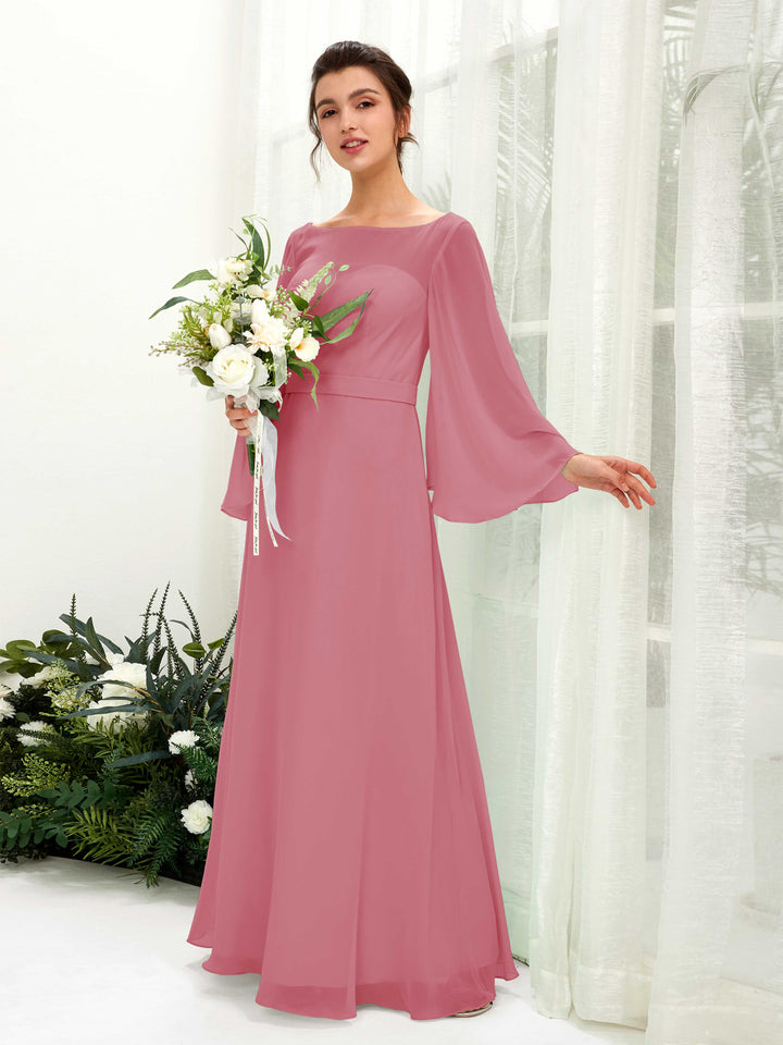 Desert Rose Bridesmaid Dresses Bridesmaid Dress A-line Chiffon Bateau Full Length Long Sleeves Wedding Party Dress (81220511)