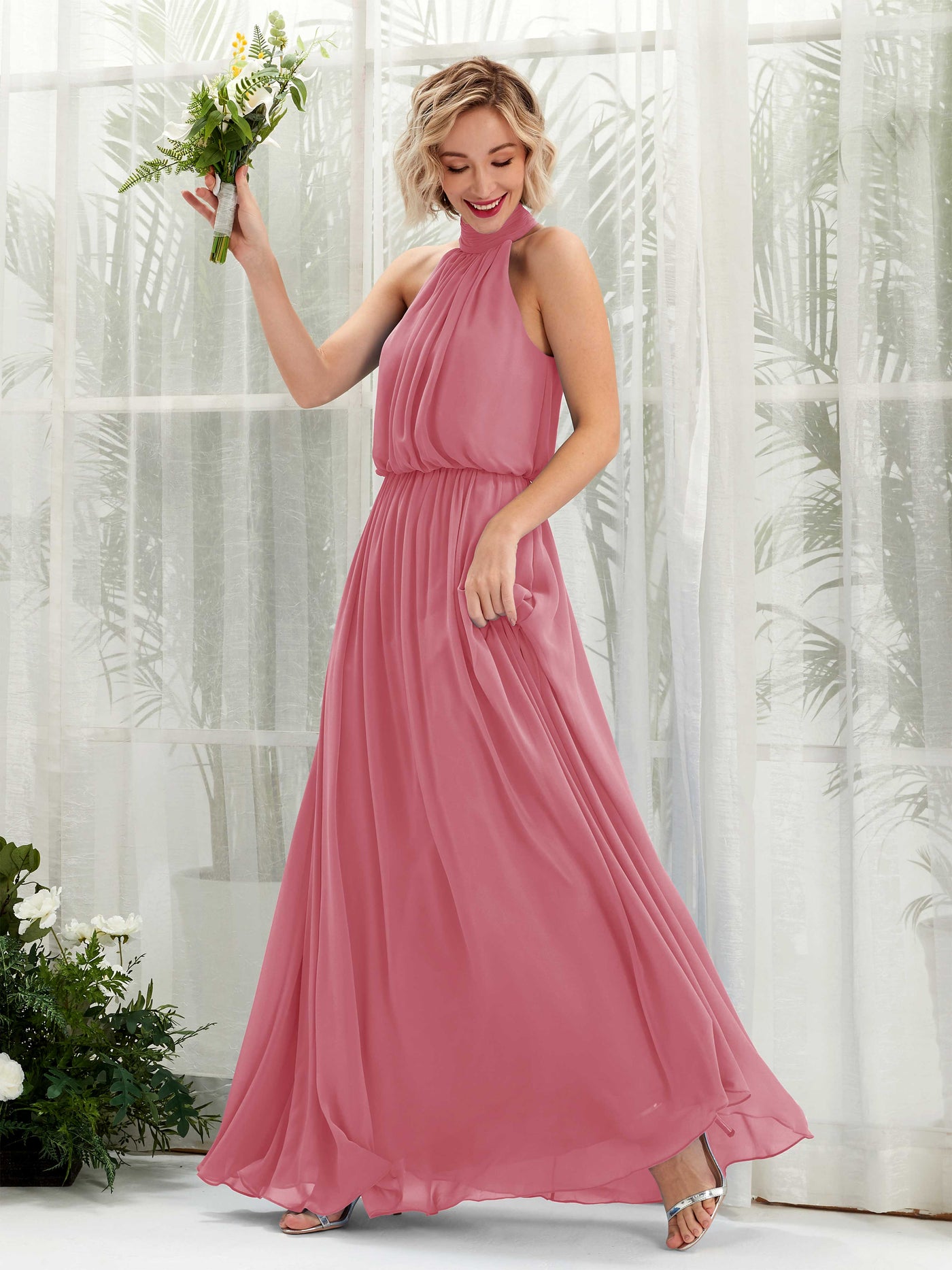 Desert Rose Bridesmaid Dresses Bridesmaid Dress A-line Chiffon Halter Full Length Sleeveless Wedding Party Dress (81222911)#color_desert-rose