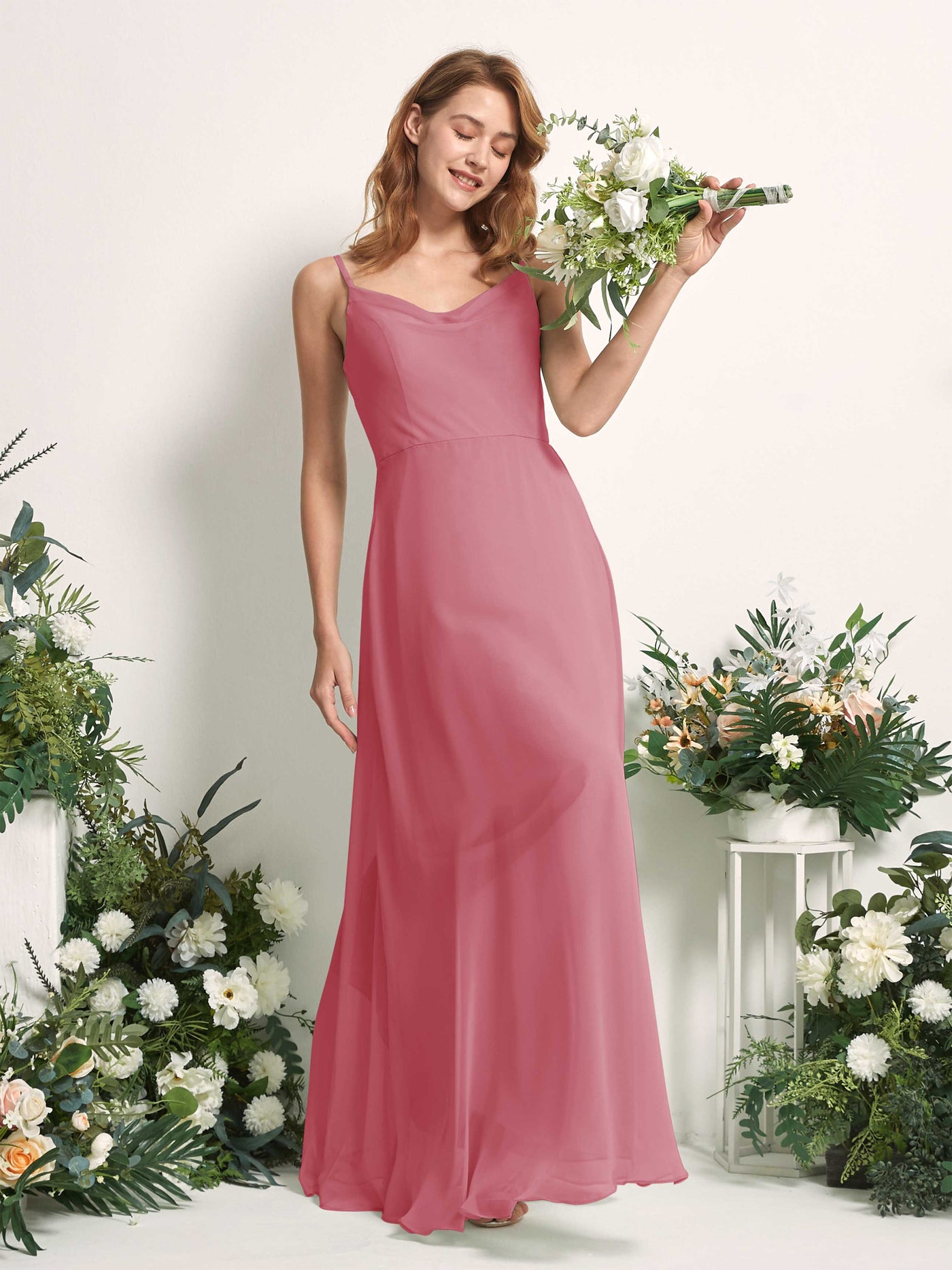 Bridesmaid Dress A-line Chiffon Spaghetti-straps Full Length Sleeveless Wedding Party Dress - Desert Rose (81227211)#color_desert-rose