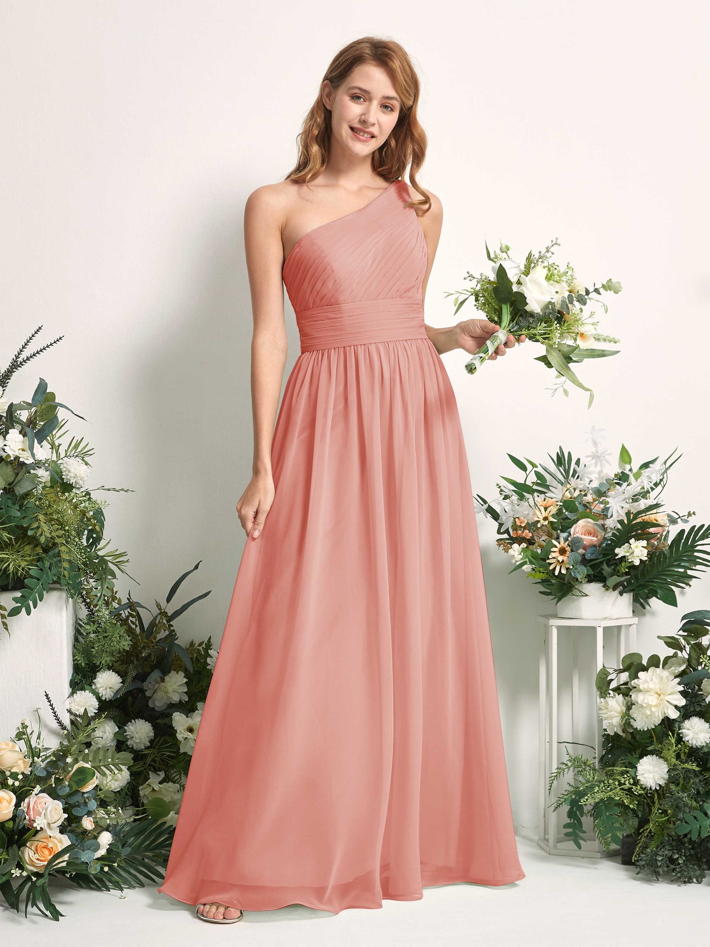 Bridesmaid Dress A-line Chiffon One Shoulder Full Length Sleeveless Wedding Party Dress - Champagne Rose (81226706)#color_champagne-rose