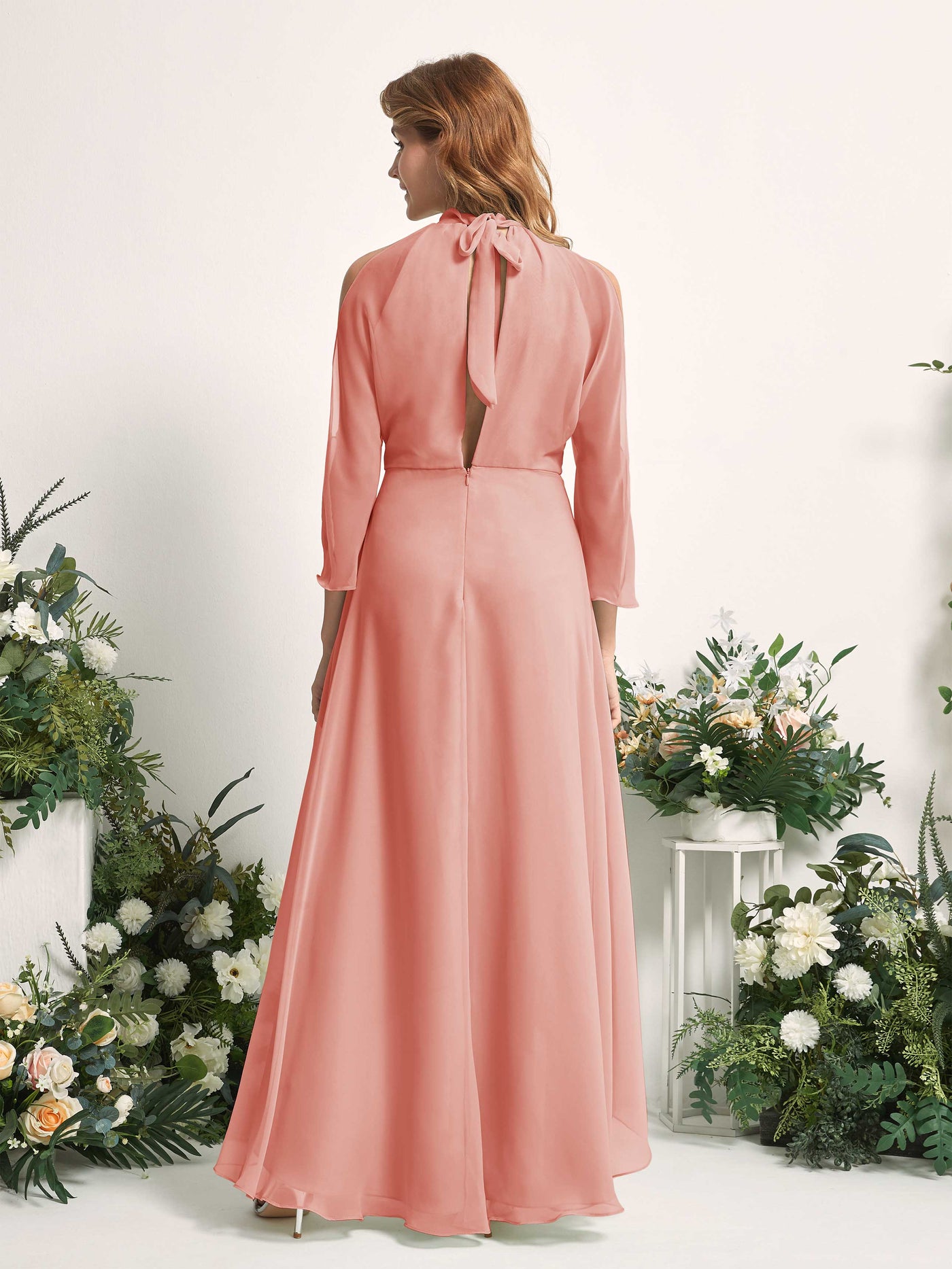 Bridesmaid Dress A-line Chiffon Halter High Low 3/4 Sleeves Wedding Party Dress - Champagne Rose (81227606)#color_champagne-rose