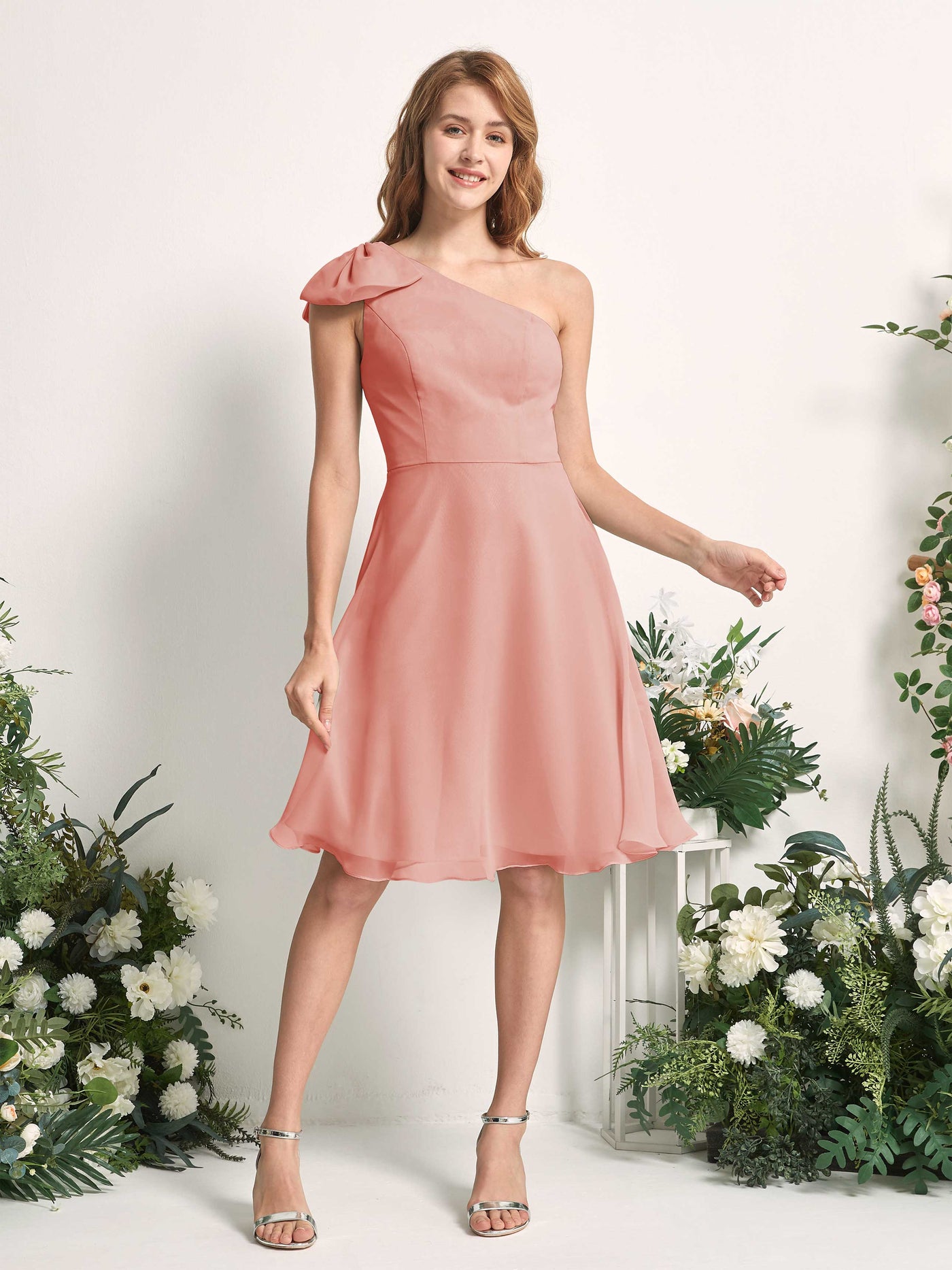Bridesmaid Dress A-line Chiffon One Shoulder Knee Length Sleeveless Wedding Party Dress - Champagne Rose (81227006)#color_champagne-rose
