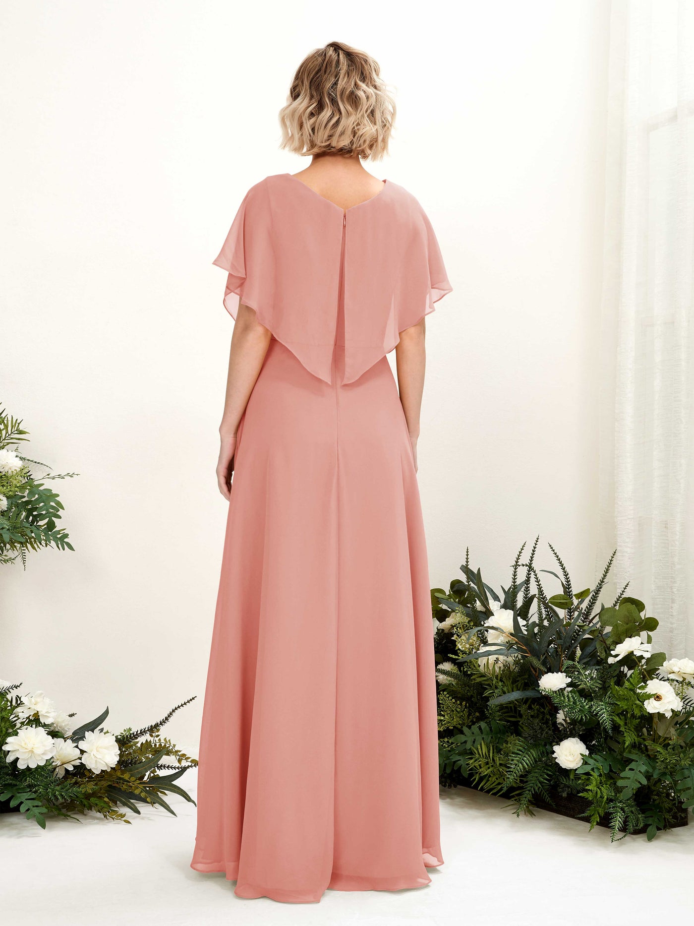 Champagne Rose Bridesmaid Dresses Bridesmaid Dress A-line Chiffon V-neck Full Length Short Sleeves Wedding Party Dress (81222106)#color_champagne-rose