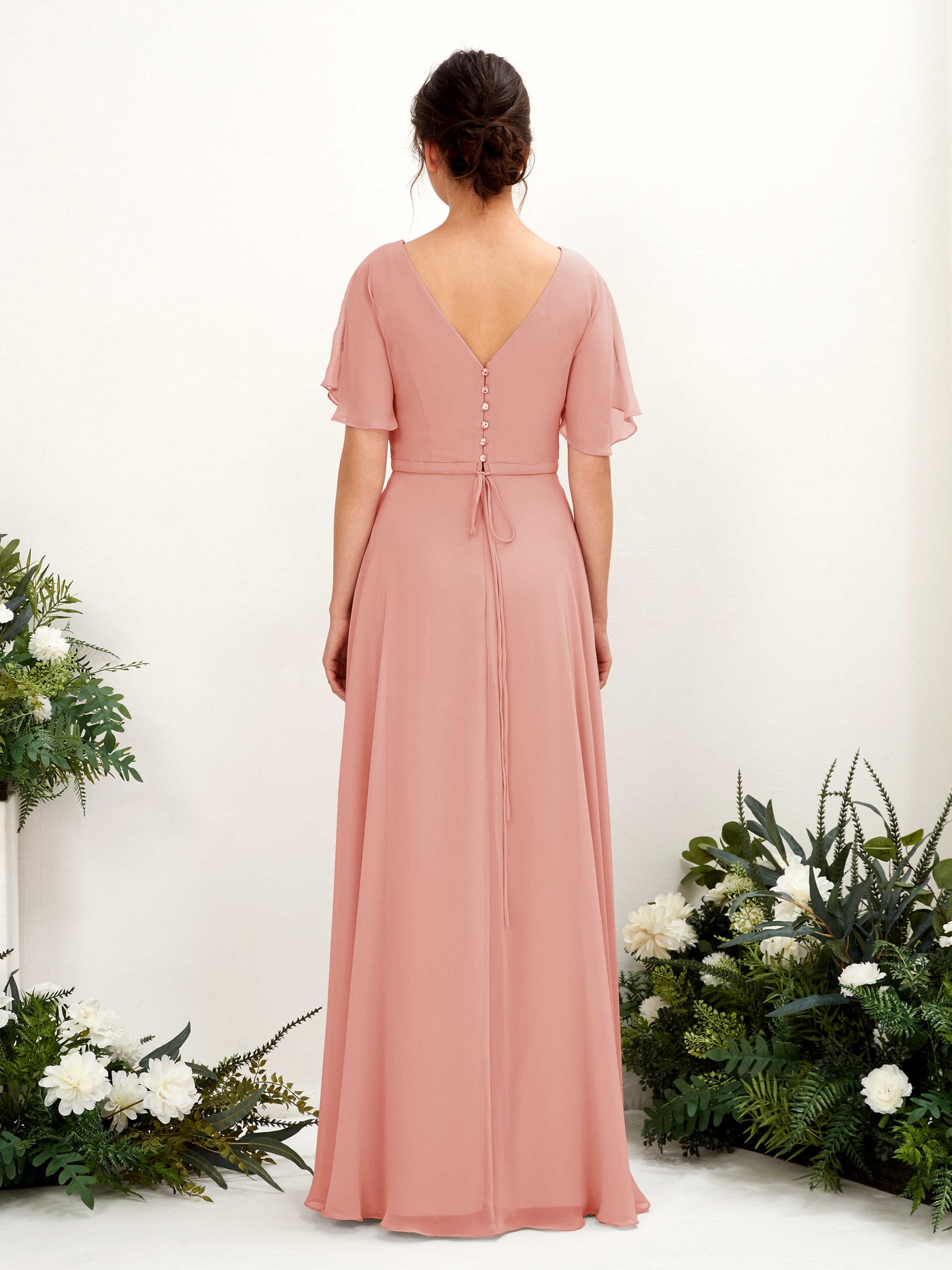 Champagne Rose Bridesmaid Dresses Bridesmaid Dress A-line Chiffon V-neck Full Length Short Sleeves Wedding Party Dress (81224606)#color_champagne-rose