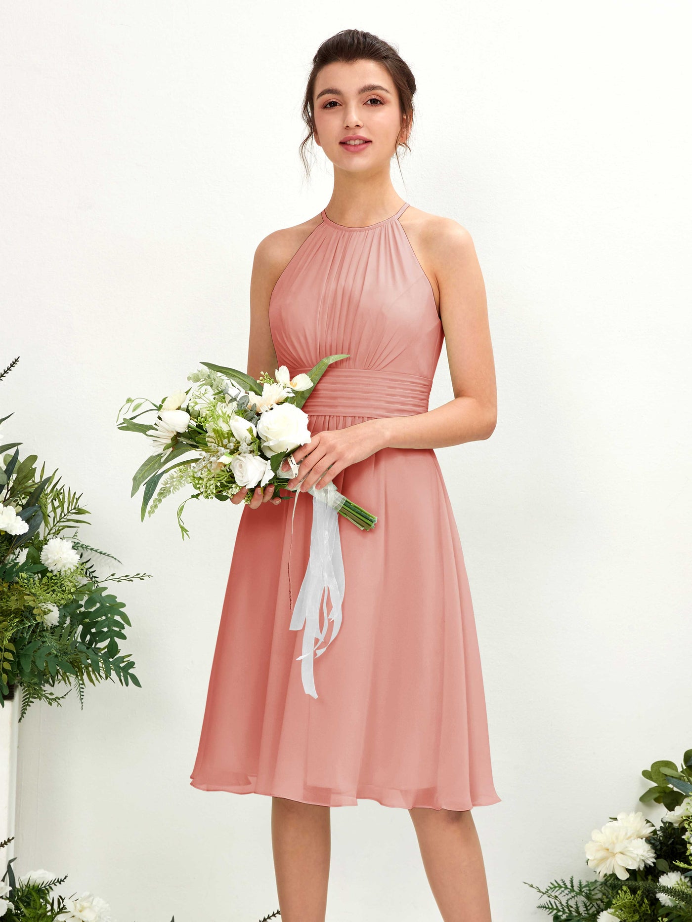 Champagne Rose Bridesmaid Dresses Bridesmaid Dress A-line Chiffon Halter Knee Length Sleeveless Wedding Party Dress (81220106)#color_champagne-rose