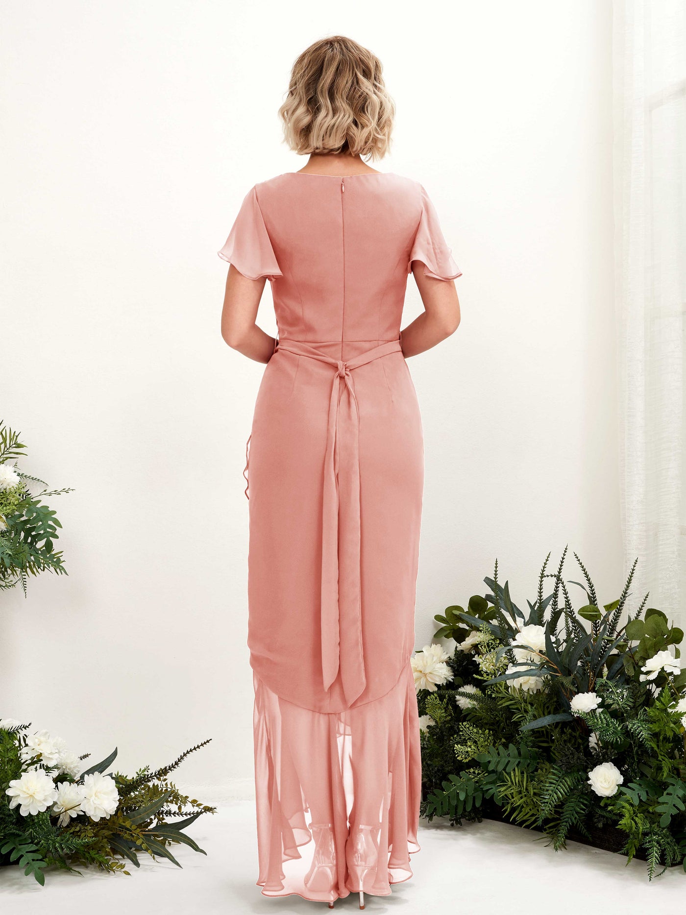 V-neck Short Sleeves Chiffon Bridesmaid Dress - Champagne Rose (81226206)#color_champagne-rose