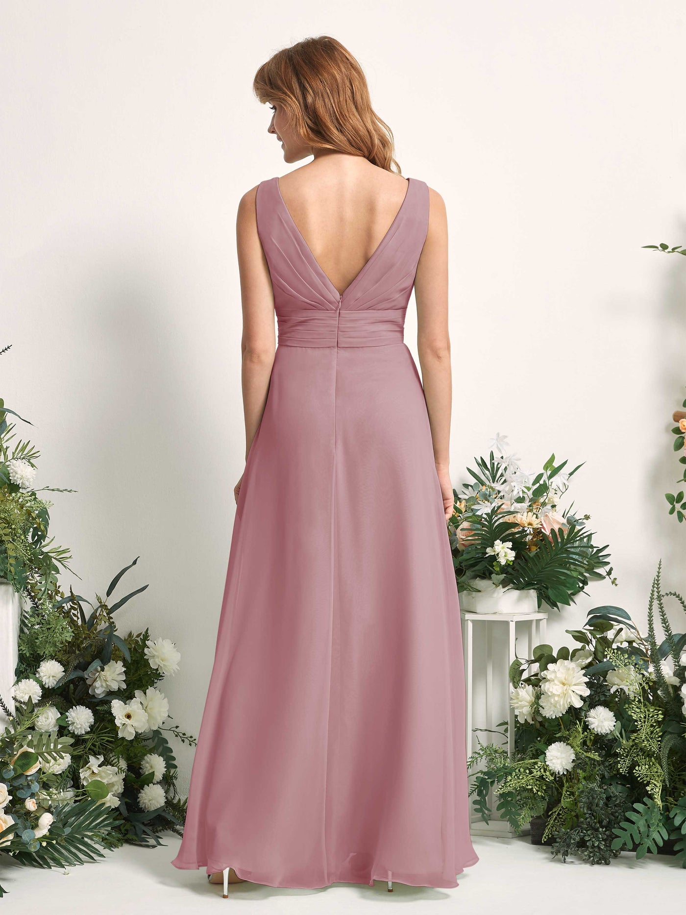 Bridesmaid Dress A-line Chiffon V-neck Full Length Sleeveless Wedding Party Dress - Vintage Mauve (81227101)#color_vintage-mauve