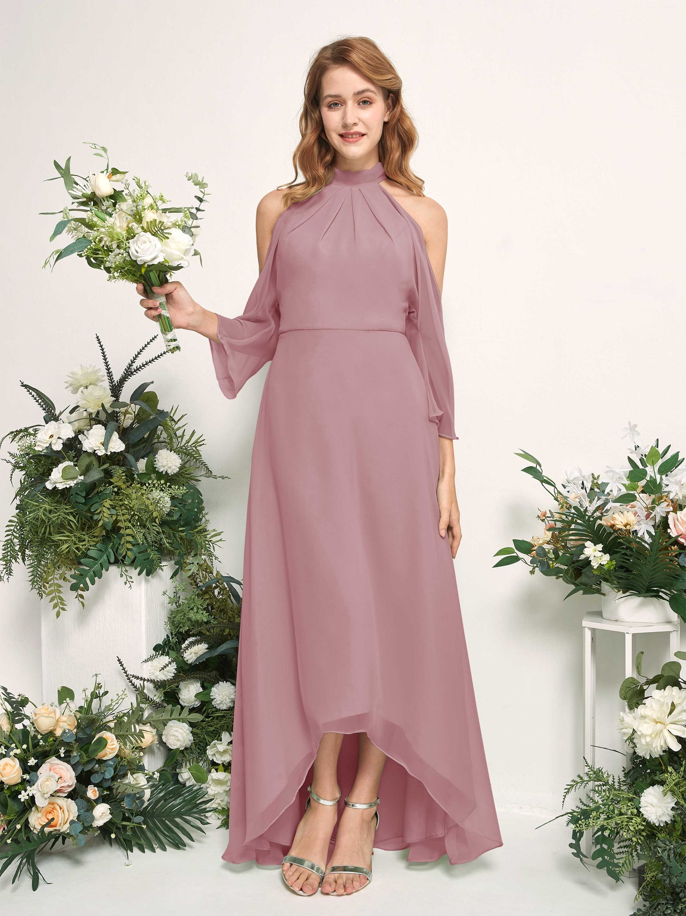 Bridesmaid Dress A-line Chiffon Halter High Low 3/4 Sleeves Wedding Party Dress - Vintage Mauve (81227601)#color_vintage-mauve