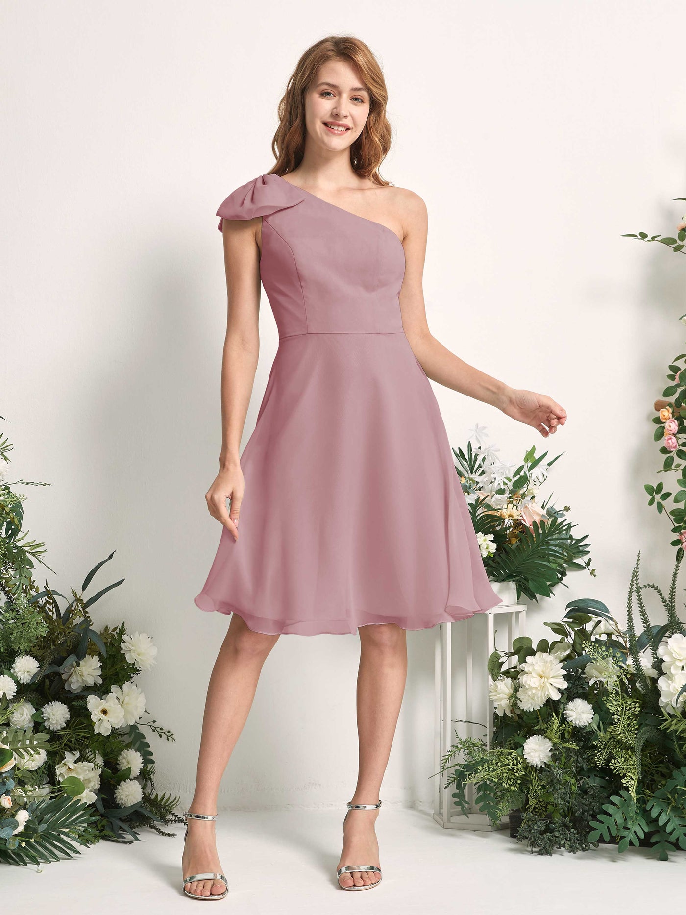 Bridesmaid Dress A-line Chiffon One Shoulder Knee Length Sleeveless Wedding Party Dress - Vintage Mauve (81227001)#color_vintage-mauve