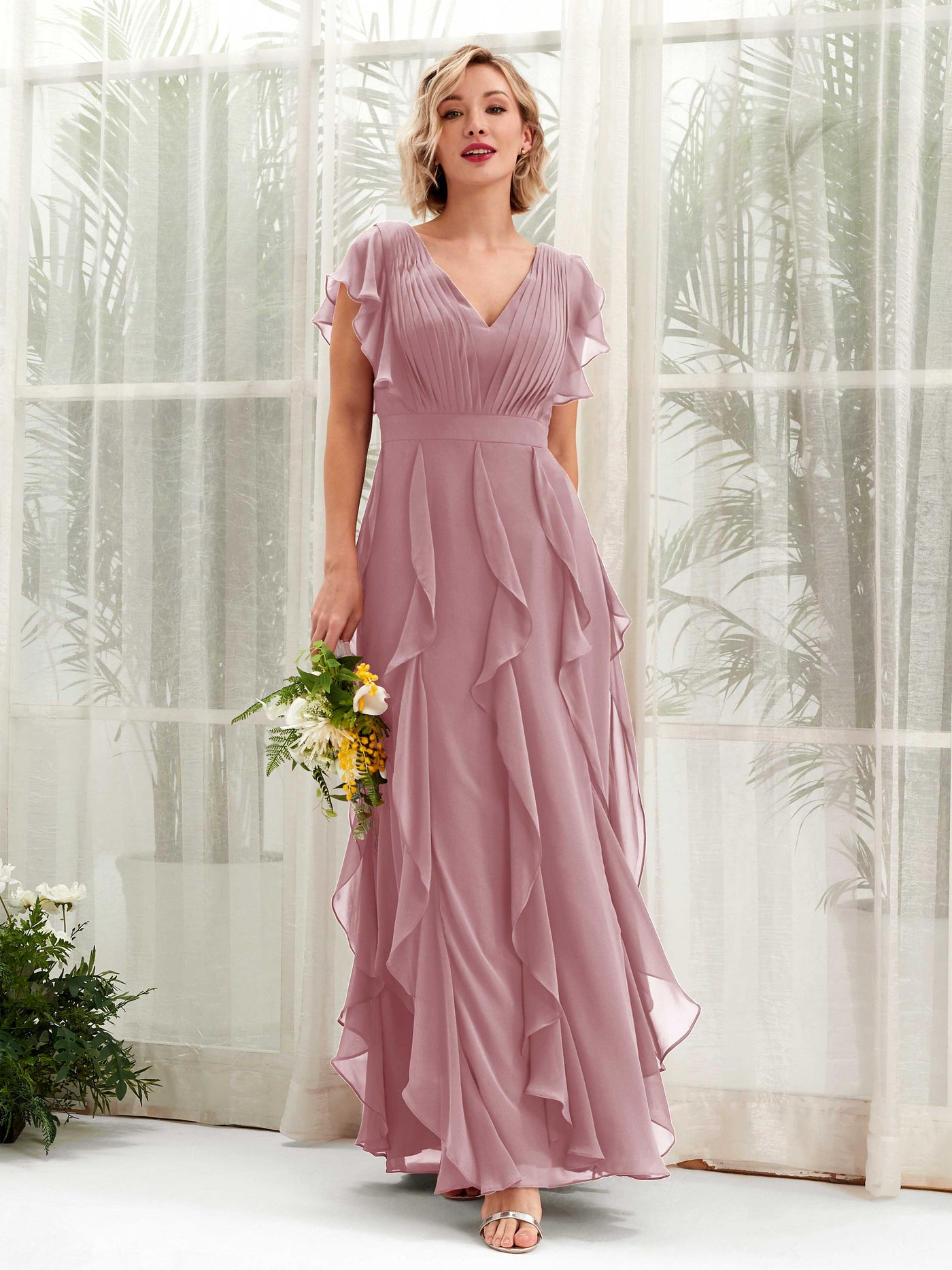 A-line Open back V-neck Short Sleeves Chiffon Bridesmaid Dress - Vintage Mauve (81226001)#color_vintage-mauve