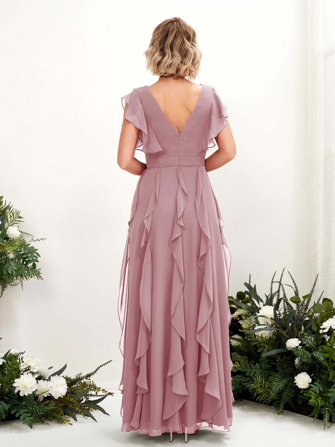 A-line Open back V-neck Short Sleeves Chiffon Bridesmaid Dress - Vintage Mauve (81226001)#color_vintage-mauve