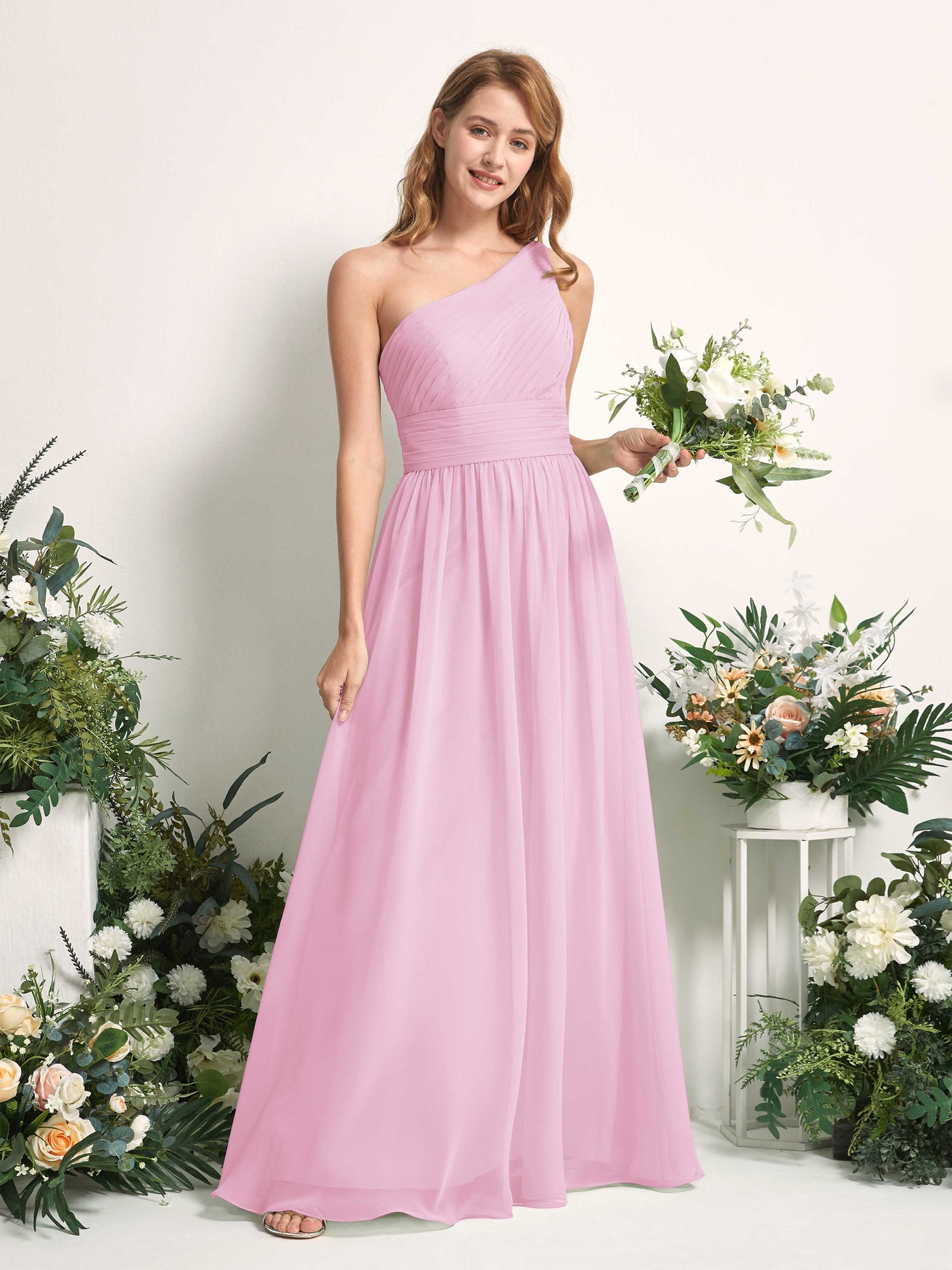 Bridesmaid Dress A-line Chiffon One Shoulder Full Length Sleeveless Wedding Party Dress - Candy Pink (81226739)#color_candy-pink