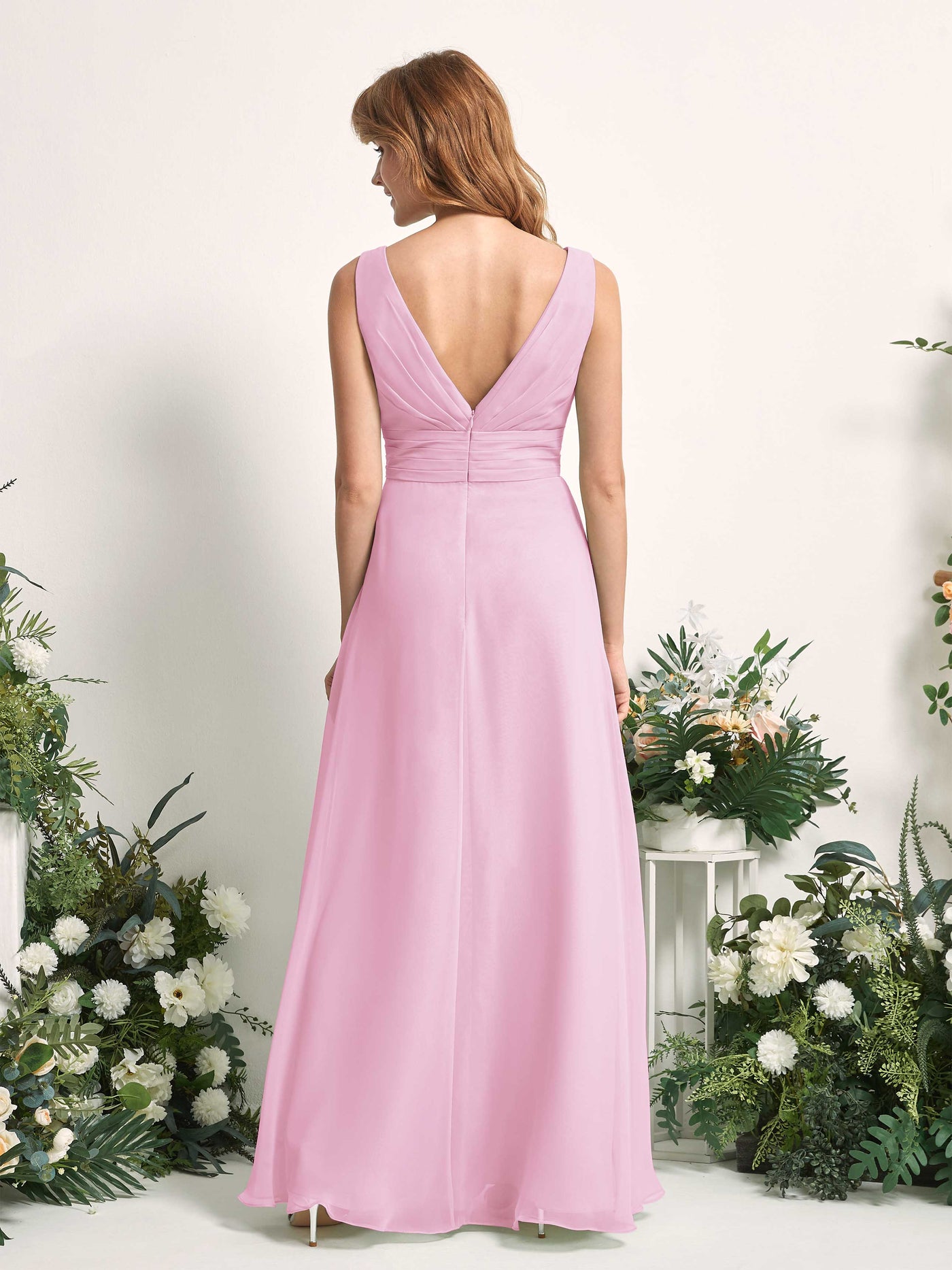 Bridesmaid Dress A-line Chiffon V-neck Full Length Sleeveless Wedding Party Dress - Candy Pink (81227139)#color_candy-pink